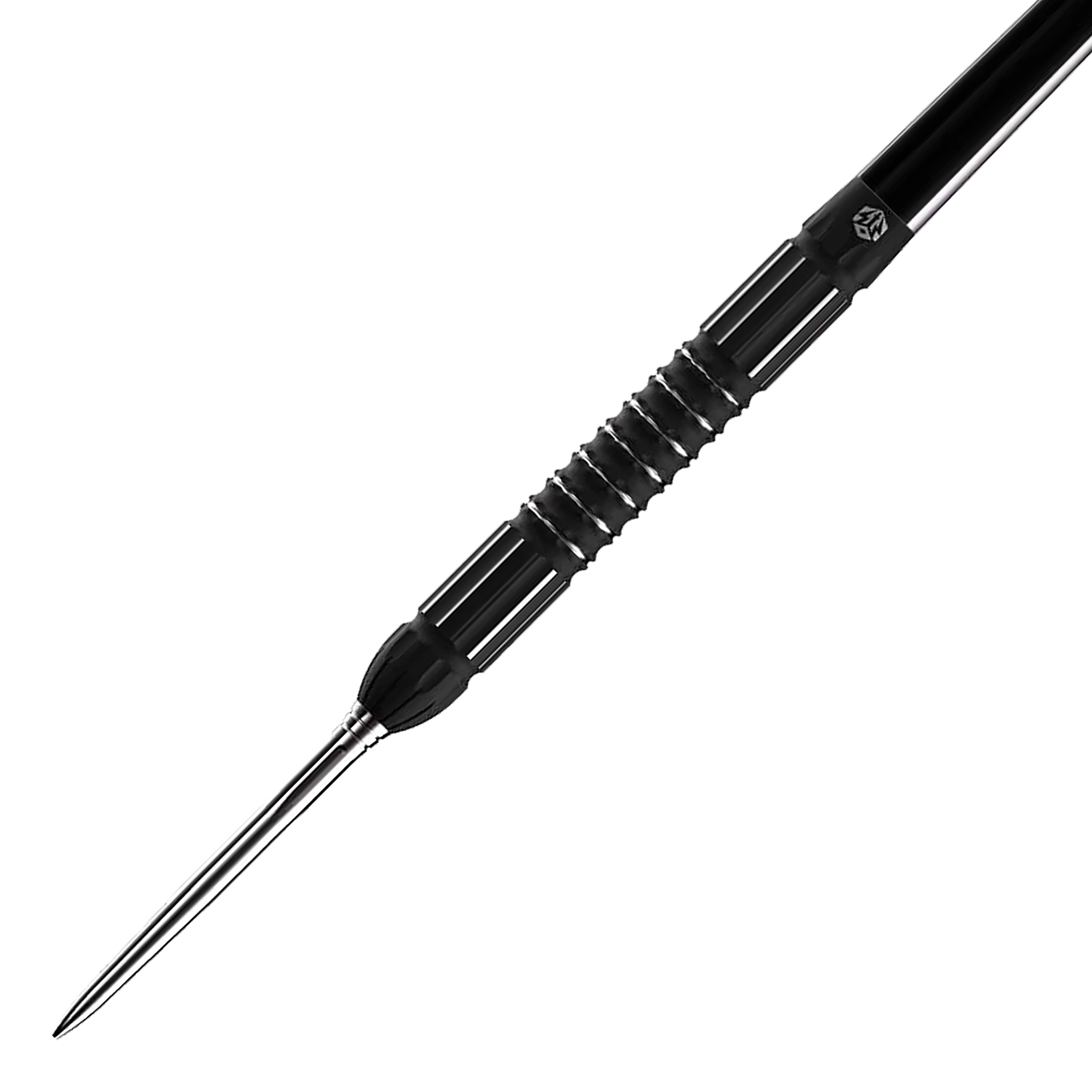 Das Bild zeigt den Caliburn Sword S2 Steeldart. Der Dartpfeil hat ein schwarzes, geriffeltes Griffstück und eine silberne Spitze.