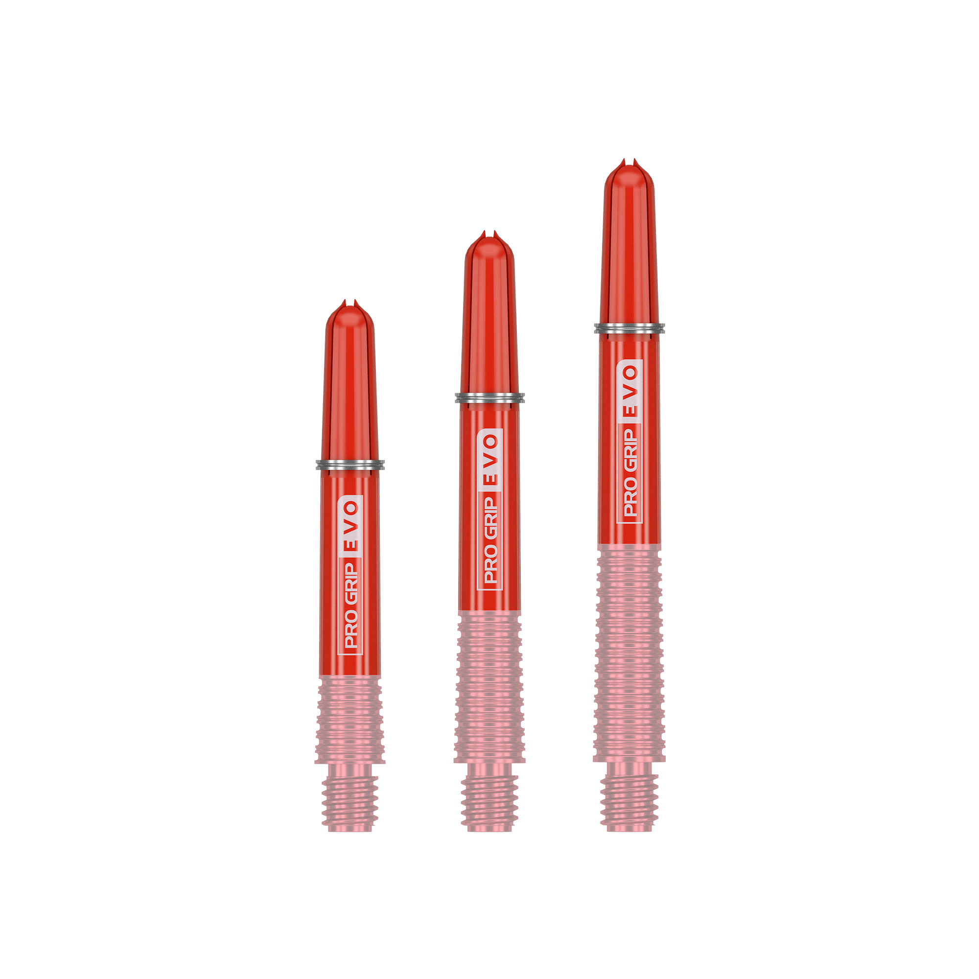 Das Bild zeigt drei rote Ersatztops für Dartshafts mit der Aufschrift "Pro Grip EVO". Sie sind unterschiedlich lang und gehören zum Produkt "Target Pro Grip EVO Ersatztops (9er Pack)".