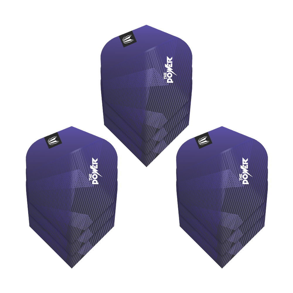 Target Pro Ultra Phil Taylor Power GEN10 Ten-X Flights - 3 Sets Das Bild zeigt drei Sätze der Target Pro Ultra Phil Taylor Power GEN10 Ten-X Flights. Die Flights sind überwiegend lila mit weißen Schriftzügen und grafischen Mustern gestaltet.