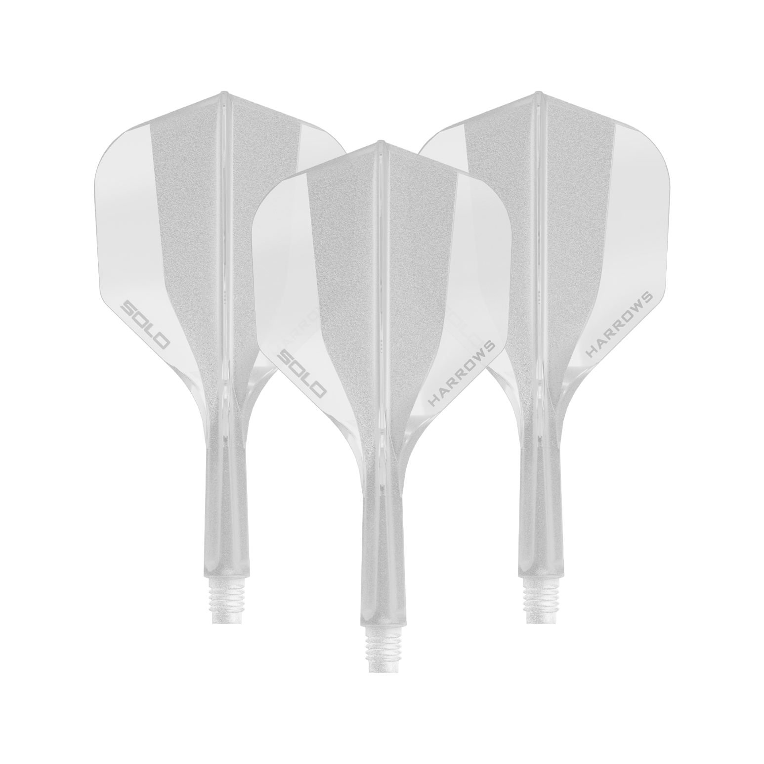 Zu sehen ist ein Harrows Solo No6 Flight Shaft System in klarer Ausführung, 20mm, als Set. Das Produkt wird als Ersatzteil für Dartpfeile verwendet.