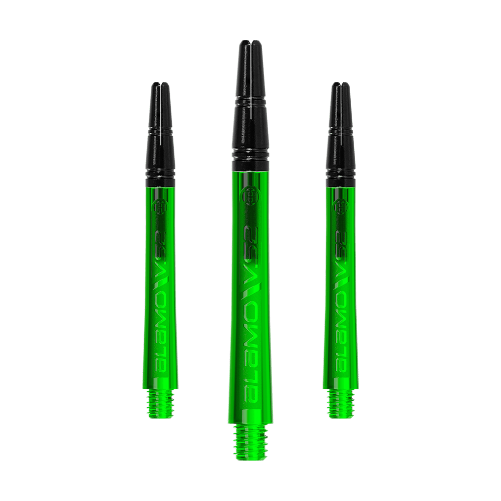 Harrows Alamo VS2 Shafts - Green Ein Set langer Dart-Schäfte mit glänzender Textur ist zu sehen. Die Schäfte liegen sortiert nebeneinander.