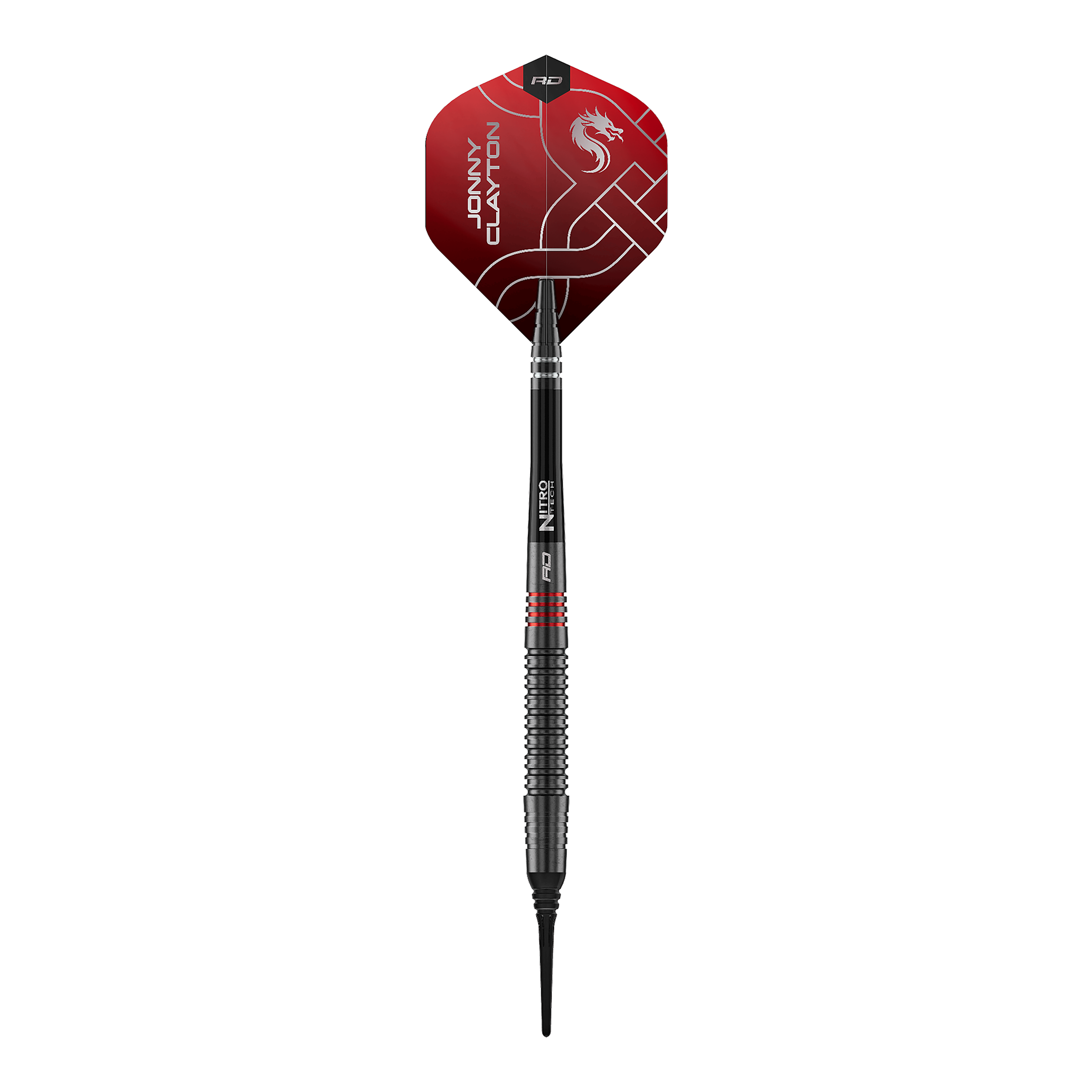 Red Dragon Jonny Clayton RD-ADV soft darts - 18g Das Bild zeigt die Red Dragon Jonny Clayton RD-ADV Softdarts - 18g. Ein einzelner Softdart wird von oben präsentiert.