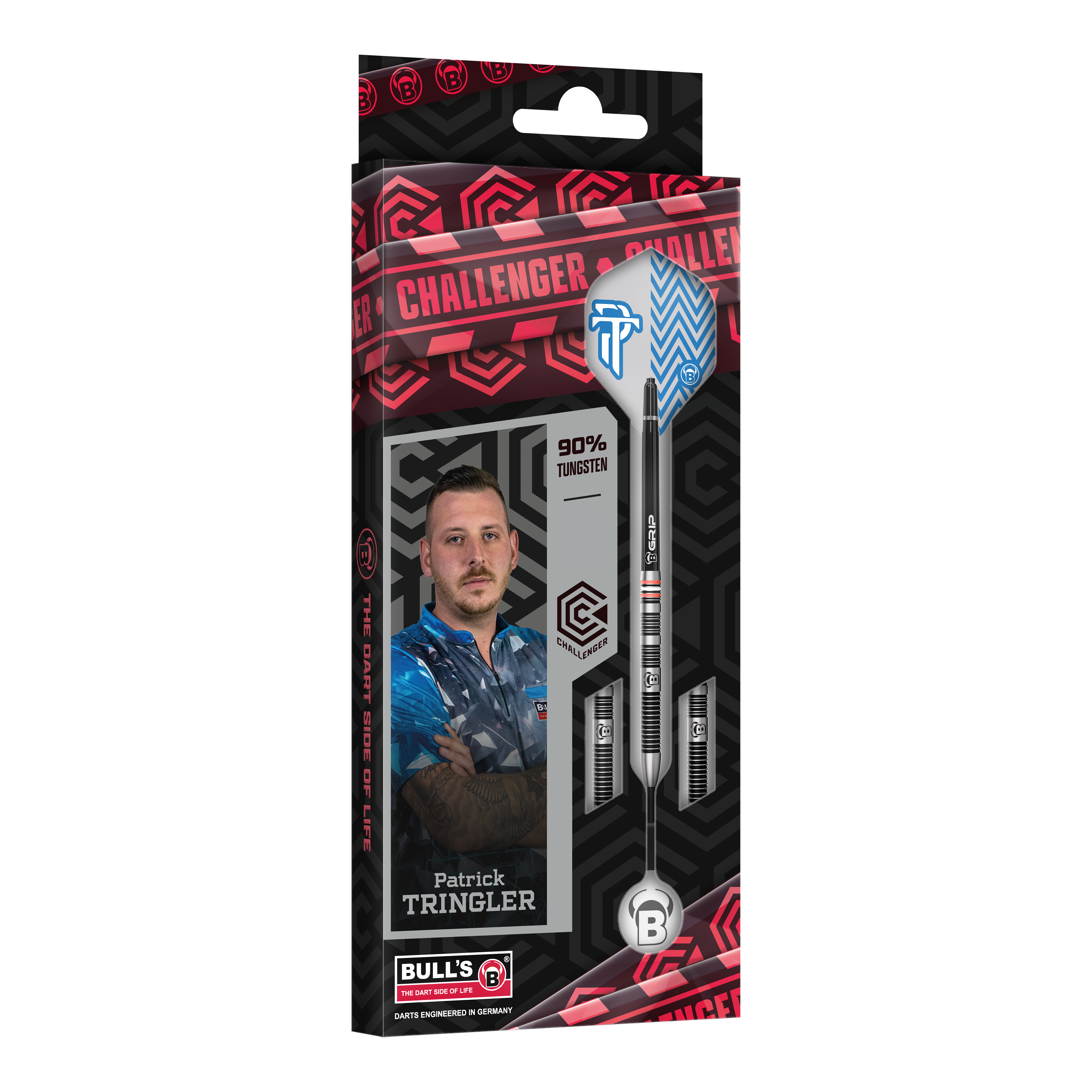 Zu sehen ist das Set Bulls Challenger Patrick Tringler Steeldarts mit 21g. Es handelt sich um hochwertige Steeldarts mit dem Namen des Profis Patrick Tringler.