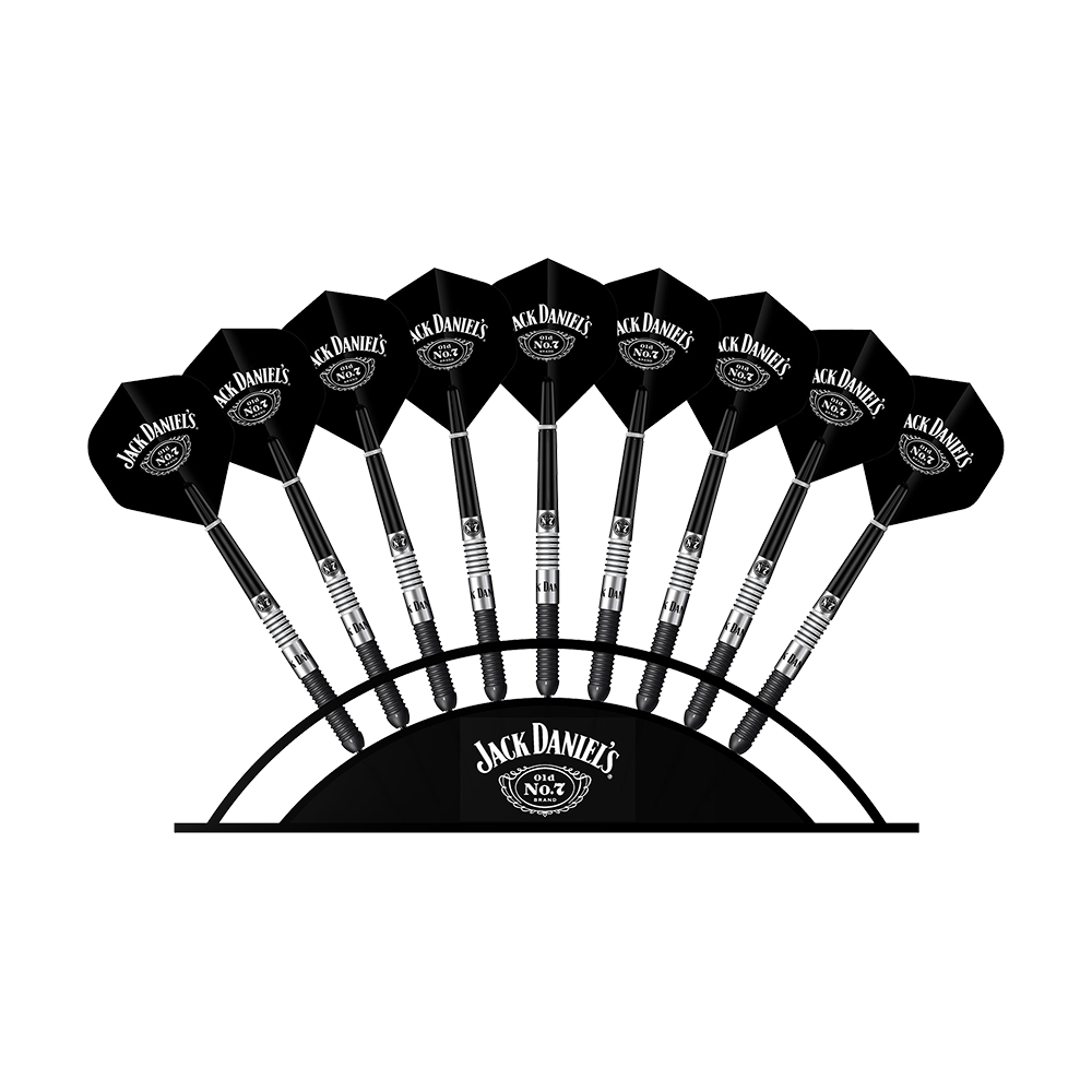 JD7020_Mission_Jack_Daniels_Arc_Darts_Display_2 Das Bild zeigt einen Bogenständer mit neun schwarzen Jack Daniels Darts. Auf jedem Dart ist das Jack Daniels Logo zu sehen.