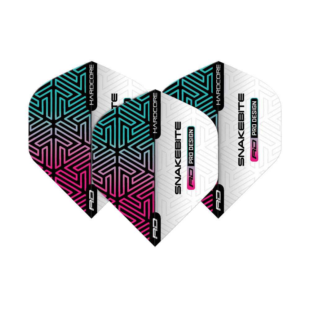 TF6842_Red_Dragon_Hardcore_Peter_Wright_Snakebite_White_Rainbow_Standard_Flights_1DbgsDrpRQFCUT Auf dem Bild sind die Red Dragon Hardcore Peter Wright Snakebite White Rainbow Standard Flights zu sehen. Sie haben ein auffälliges Design in Weiß mit bunten, geometrischen Mustern in Pink, Blau und Schwarz.