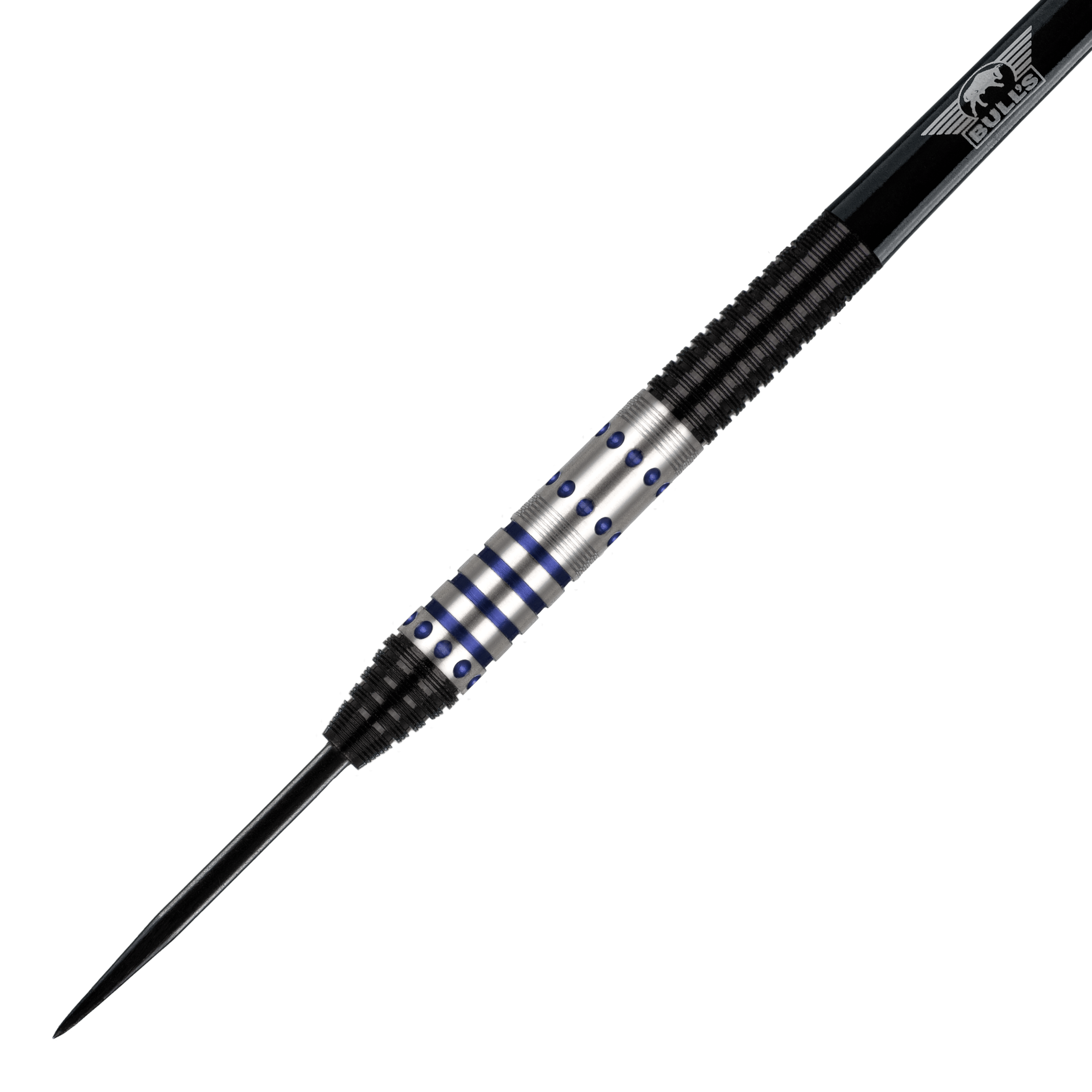 Bulls NL Richard Veenstra 90 Steeldarts - 23g Das Bild zeigt einen Steeldartpfeil, Modell "Bulls NL Richard Veenstra 90 Steeldarts - 23g". Der Dartpfeil hat ein silbernes Griffstück mit blauen Akzenten und schwarzen Rillen.