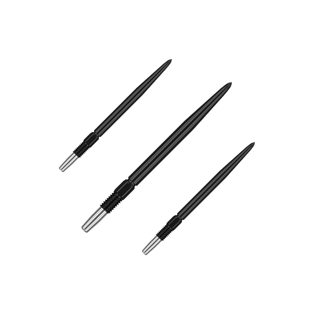 Target Swiss Point Black dart tips Schwarze Dartspitzen mit matter Fläche werden als Set präsentiert. Mehrere Spitzen sind nebeneinander gruppiert.