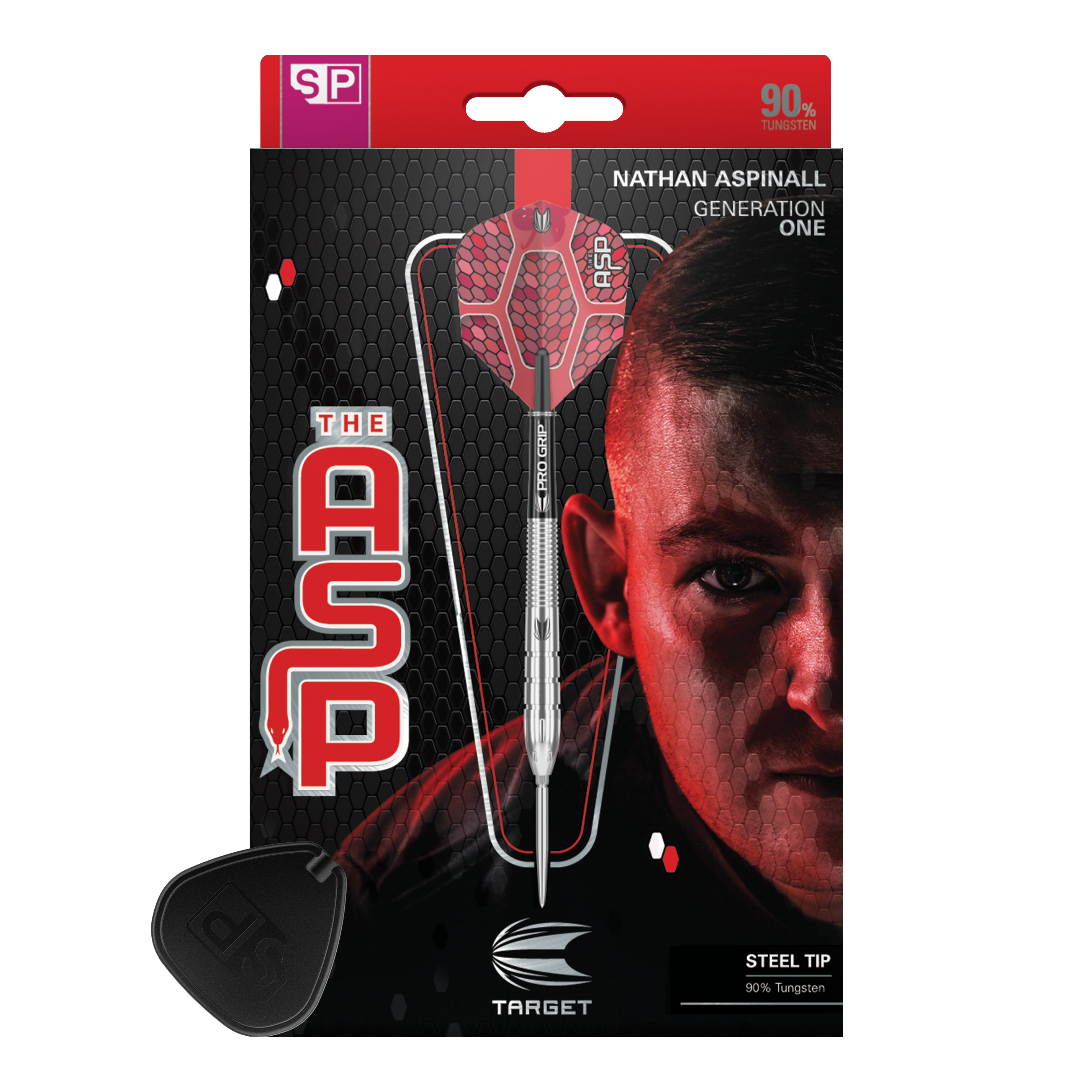 Das Bild zeigt die Verpackung der "Target Nathan Aspinall GEN1 Swiss Point Steeldarts". Auf der Verpackung ist ein Steeldart sowie das Porträt eines Mannes abgebildet.