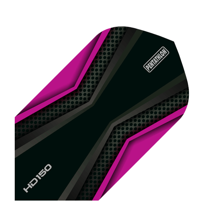 HD-38-HD150-Pentathlon-Magenta-Black-Flights Das Bild zeigt das Produkt "HD 150 Pentathlon Flights Black/Magenta Slim". Es ist ein schlanker Dartflight in Schwarz mit magentafarbenen Akzenten und dem Aufdruck "PENTATHLON" sowie "HD150".