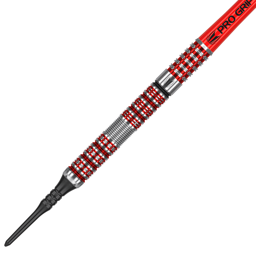 210094_Target_Hema_10_Softdarts_2 Das Bild zeigt einen Target Hema 10 Softdart. Der Dart hat ein silbernes und rotes Design mit einem schwarzen Softdart-Spitze.