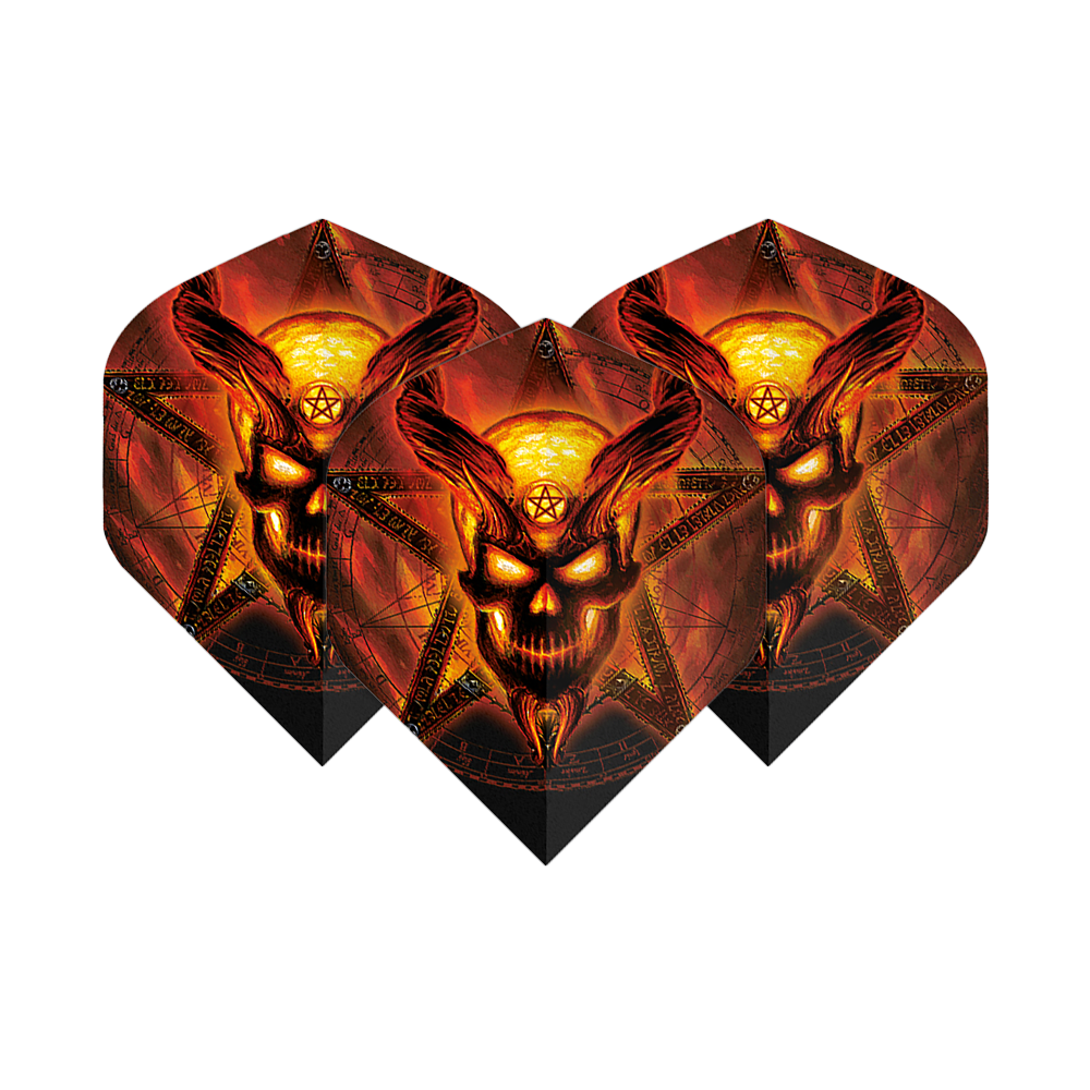 Alchemy Burning Temple No2 Standard Flights Die Abbildung zeigt drei Dart-Flights mit einem brennenden, dämonischen Totenkopf-Design vor einem Pentagramm. Die Farben sind hauptsächlich feuriges Rot und Gelb, was dem Produkt ein auffälliges und dramatisches Aussehen verleiht.