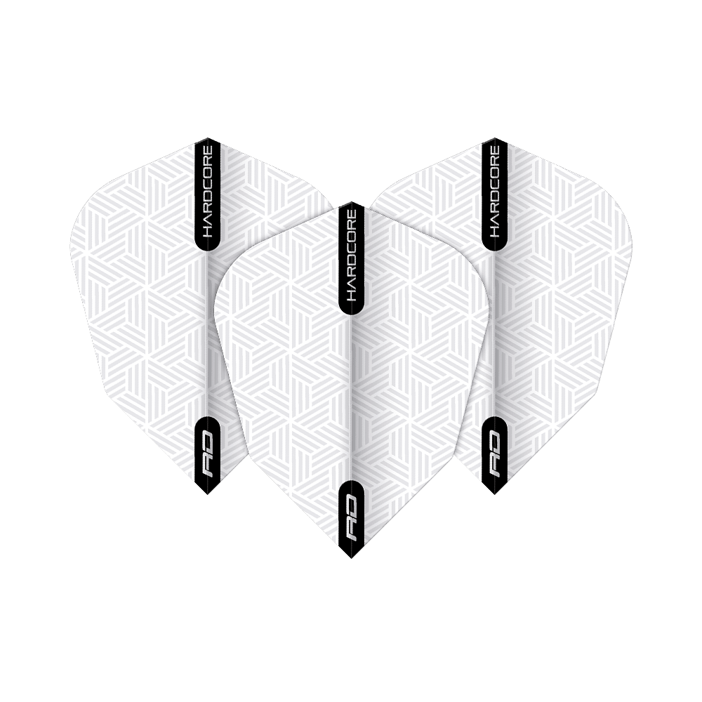 TF6848_Red_Dragon_White_V-Standard_Flights_1jqerqLFNEYyav Das Bild zeigt drei weiße Red Dragon V-Standard Flights mit geometrischem Muster. Auf jedem Flight steht "HARDCORE" und "RD" in schwarzen Streifen.