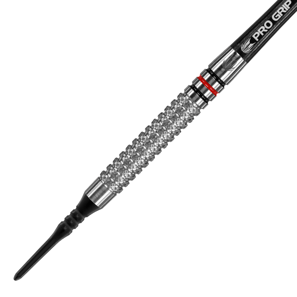 Target Vapor8 05 soft darts - 18g Das Bild zeigt einen Target Vapor8 05 Softdart mit einem Gewicht von 18 Gramm. Der Dart hat eine strukturierte Griffoberfläche und eine schwarze Pro Grip Shafts.
