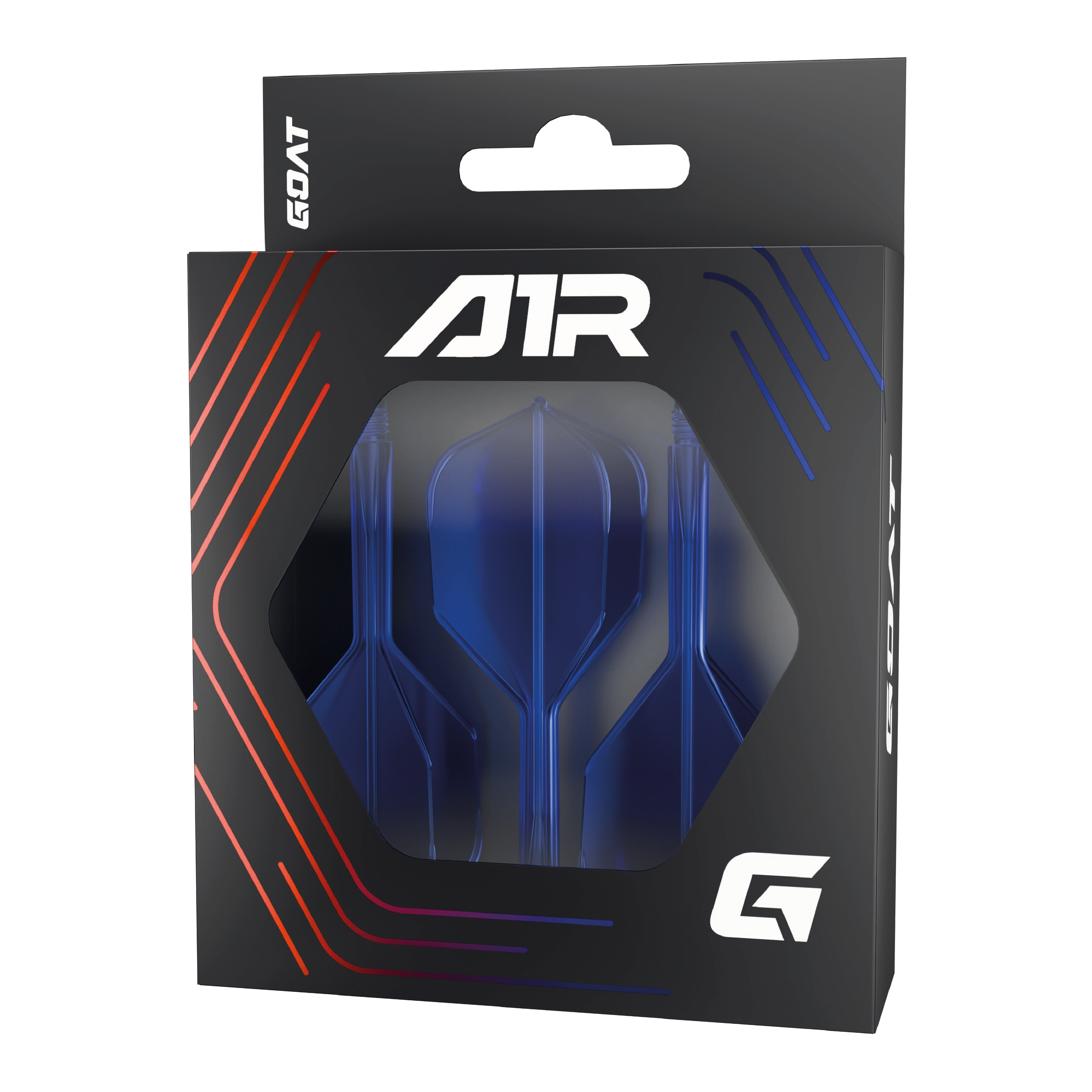 Die Abbildung zeigt das Produkt "GOAT A1R No6 Flight-Shaft-System - Blau" in seiner Verpackung. Im Inneren sind blaue Dart-Flights und -Schäfte sichtbar.