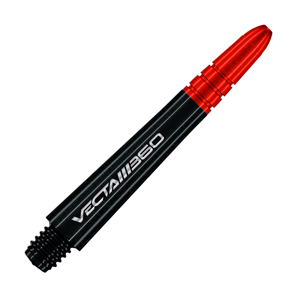 Das Bild zeigt Winmau Vecta Blade360 Shafts in Schwarz mit einer Länge von 40 mm. Die Shafts werden aus einer anderen Perspektive präsentiert.