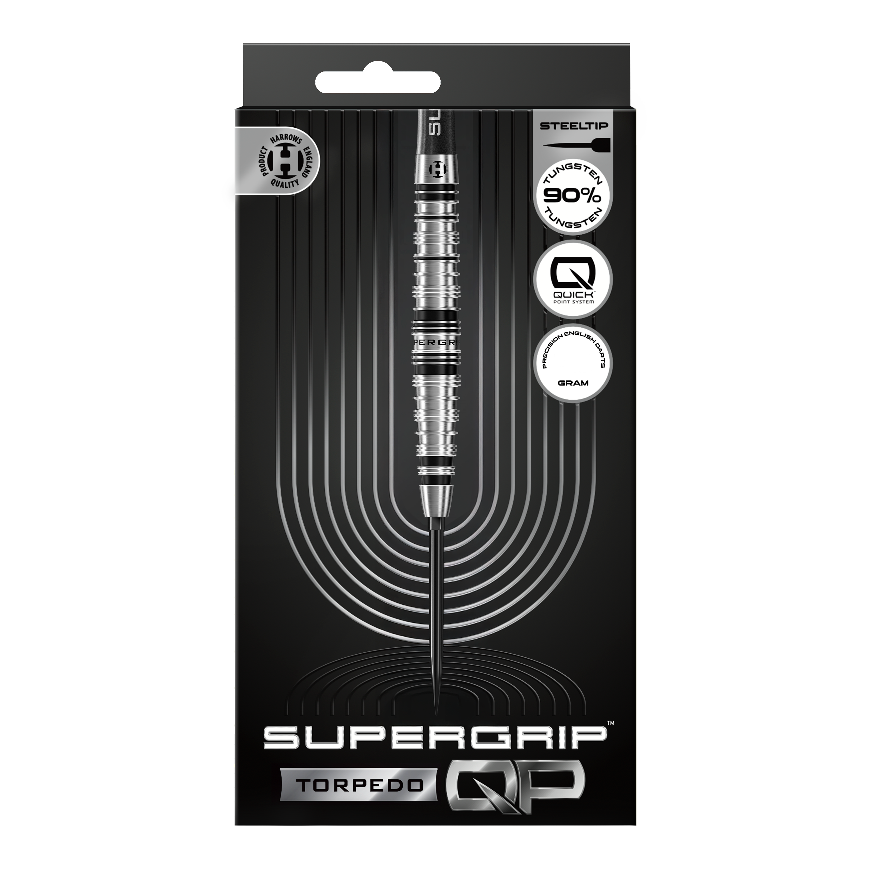 Hier werden die Harrows Supergrip Torpedo Quick Point Steeldarts dargestellt. Diese Darts sind robust und für hohe Performance beim Spielen geeignet.