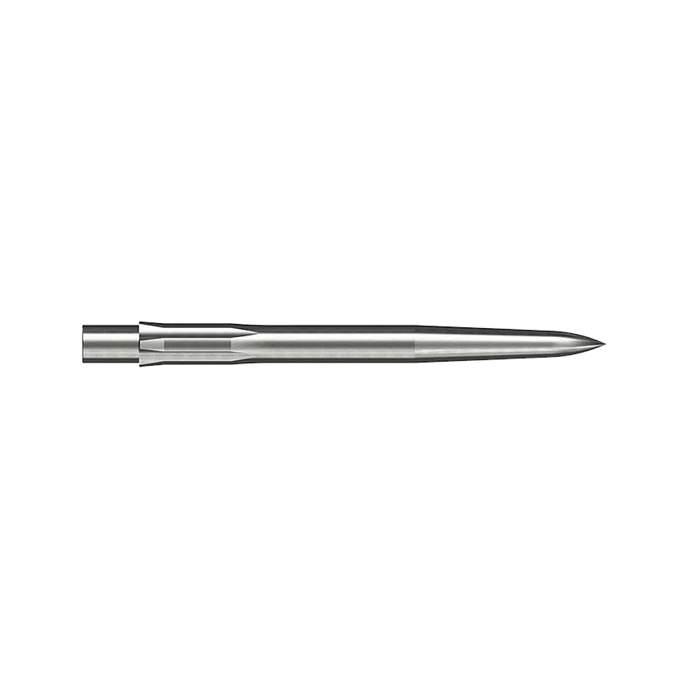 Caliburn System Steel Dart Tips - Smooth - Silver Auf dem Bild ist eine glatte, silberne Stahlspitze für ein Dart zu sehen. Sie ist lang und schmal und misst 28 mm.