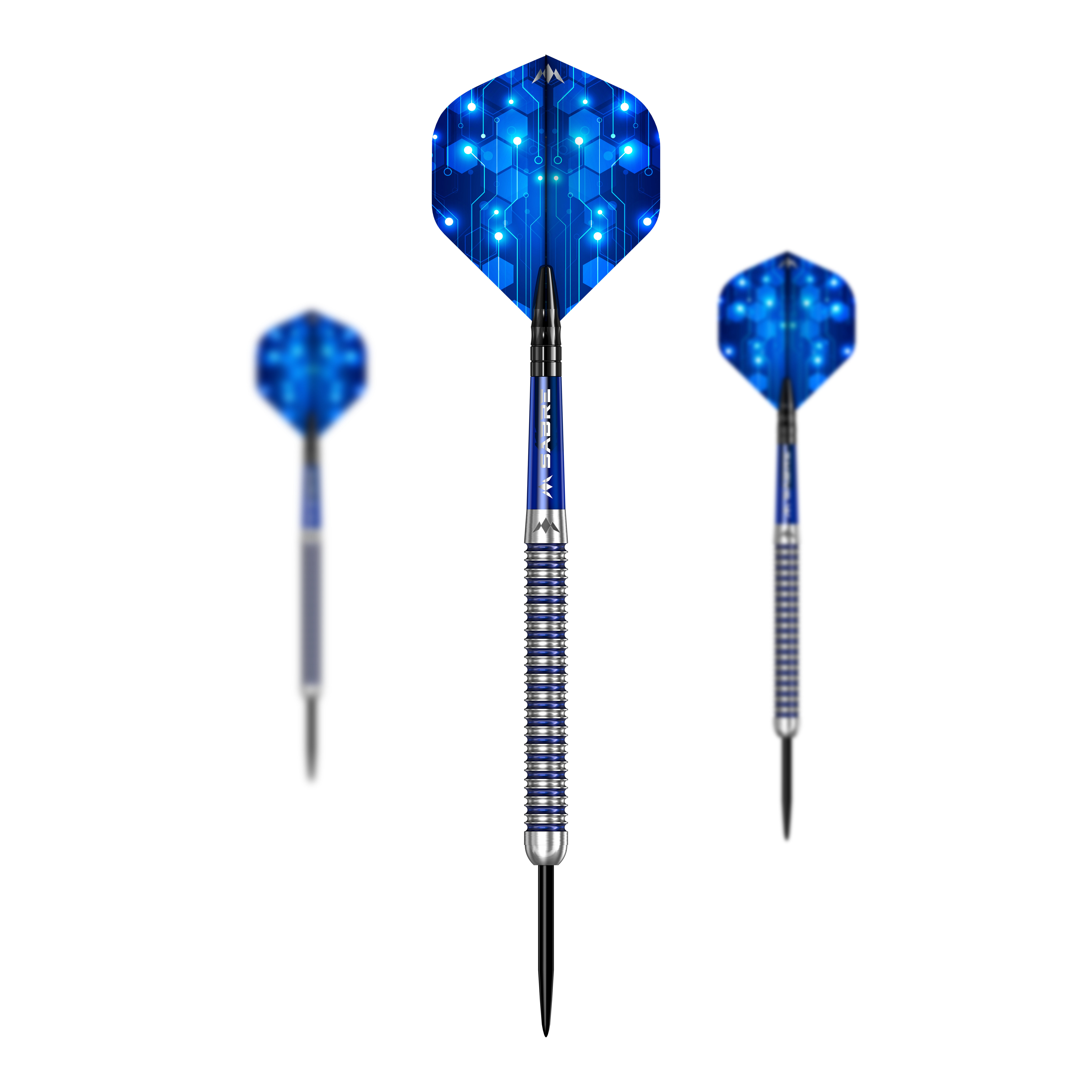 Hier ist das Set Mission ION Blue Silver Steeldarts dargestellt. Es handelt sich um hochwertige Steeldarts in Blau und Silber.