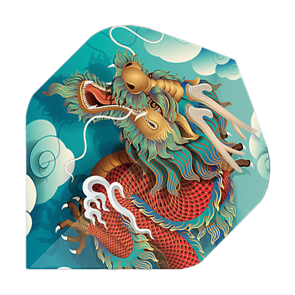 Pentathlon Flights Dragon Das Bild zeigt ein Dart-Flight mit einem bunten Drachenmotiv auf blauem Hintergrund. Es handelt sich um das Produkt "Pentathlon Dragon 5 Standard Flights".