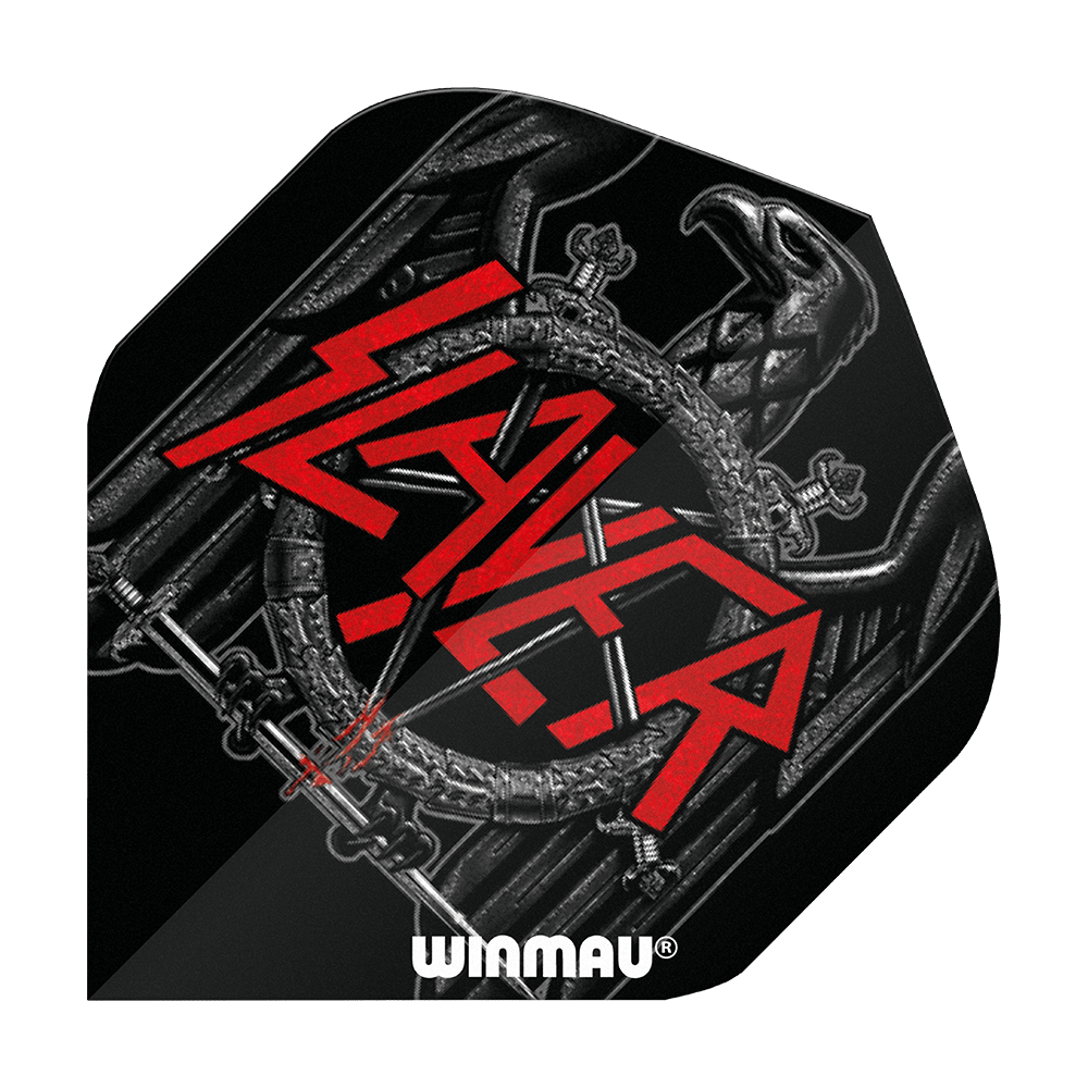 6905-221_Winmau_Rockstar_Legends_Slayer_Black_Eagle_Standard_Flights_1 Das Bild zeigt ein schwarzes Dartflight mit einem stilisierten Adler und dem roten Schriftzug "Slayer" in der Mitte. Unten ist das Logo "Winmau" abgebildet.