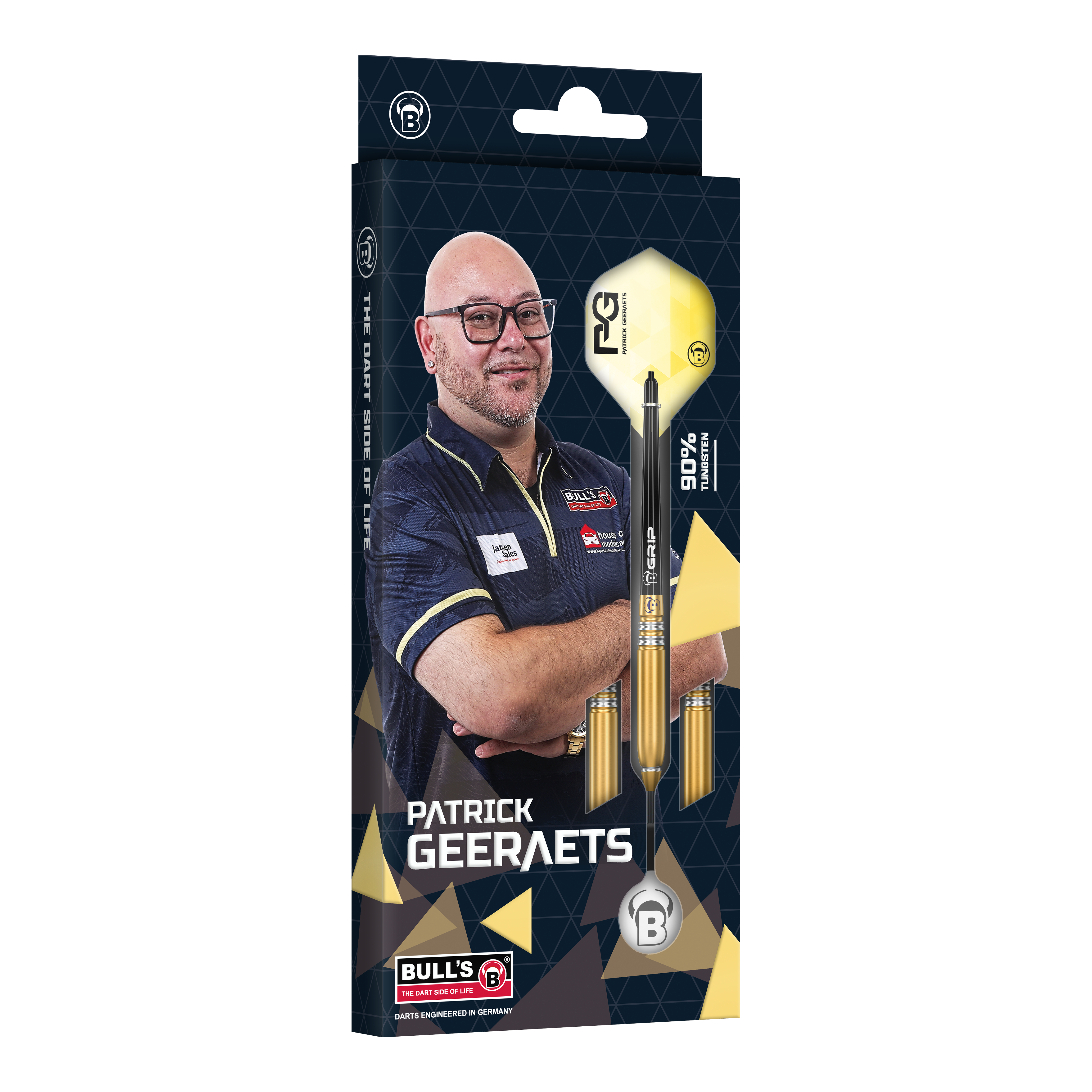 Auf dem Bild ist die Verpackung der "Bulls Patrick Geeraets Steeldarts - 23g" zu sehen. Auf der Vorderseite ist ein Foto von Patrick Geeraets sowie ein abgebildarter Dartpfeil.