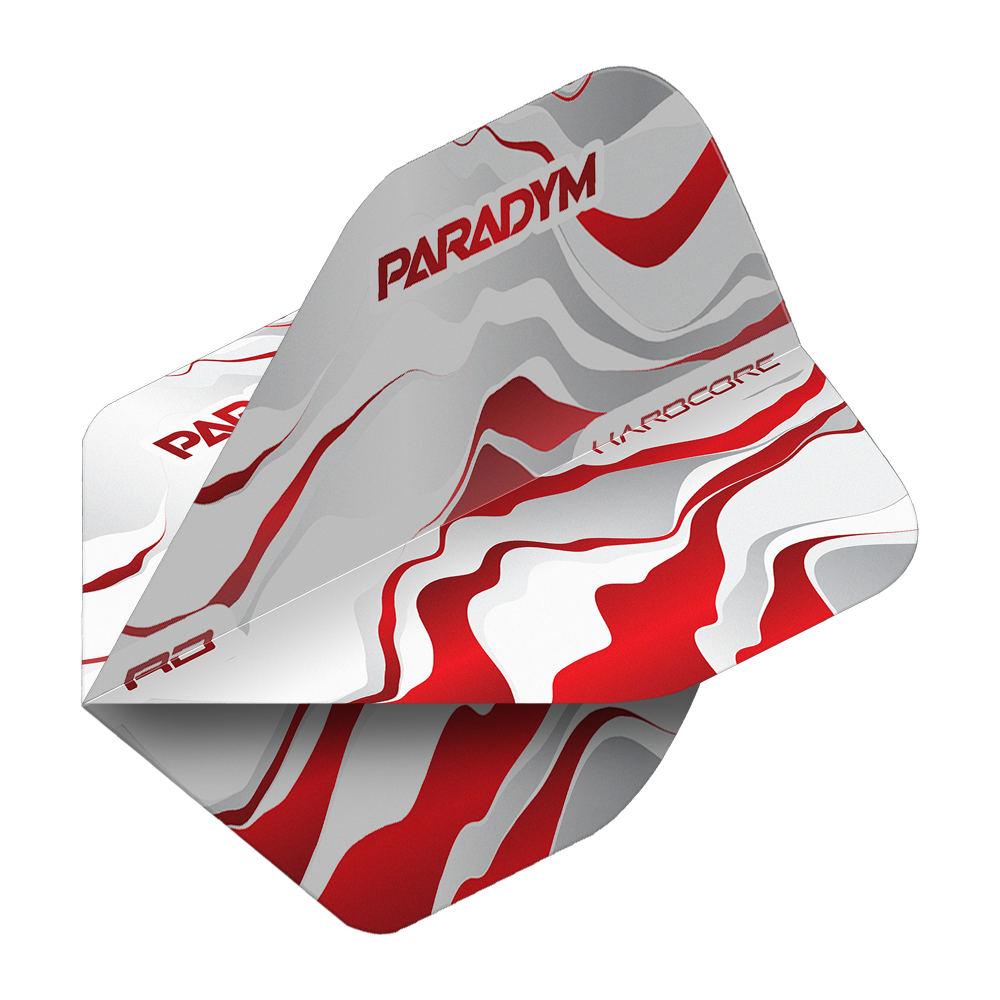 Zu sehen sind Red Dragon Hardcore Premium Paradym Red Premium No2 Standard Flights. Dieses Dart-Flight-Set besticht durch ein rotes Premium-Design.