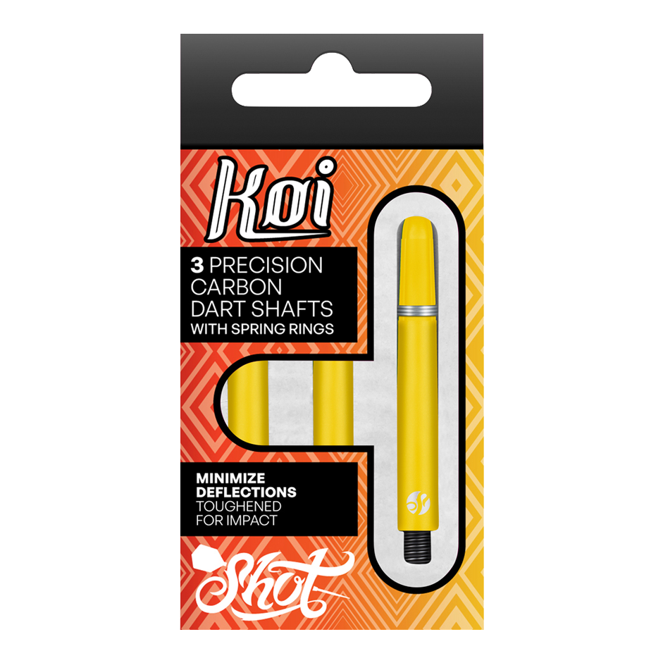 Shot Koi Carbon Shafts - Yellow Das Bild zeigt eine Packung mit drei gelben Präzisions-Carbon-Dartschäften der Marke Koi. Die Verpackung betont, dass die Schäfte mit Federringen ausgestattet sind und dazu dienen, Ablenkungen zu minimieren.