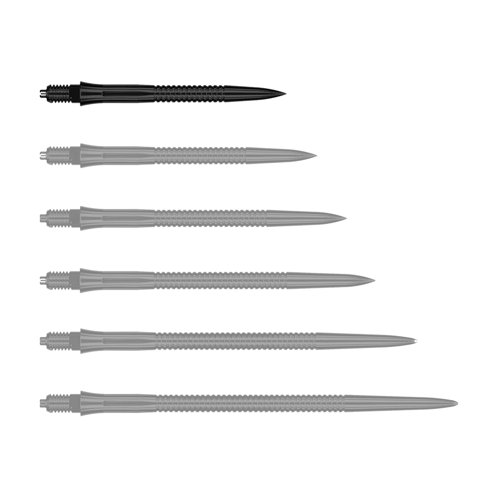 Hier sieht man eine weitere EVO201 Caliburn EZ-EVO Dartspitze mit Rillen in Schwarz und einer Länge von 28 mm. Die Spitze ist speziell für Dartspieler geeignet.