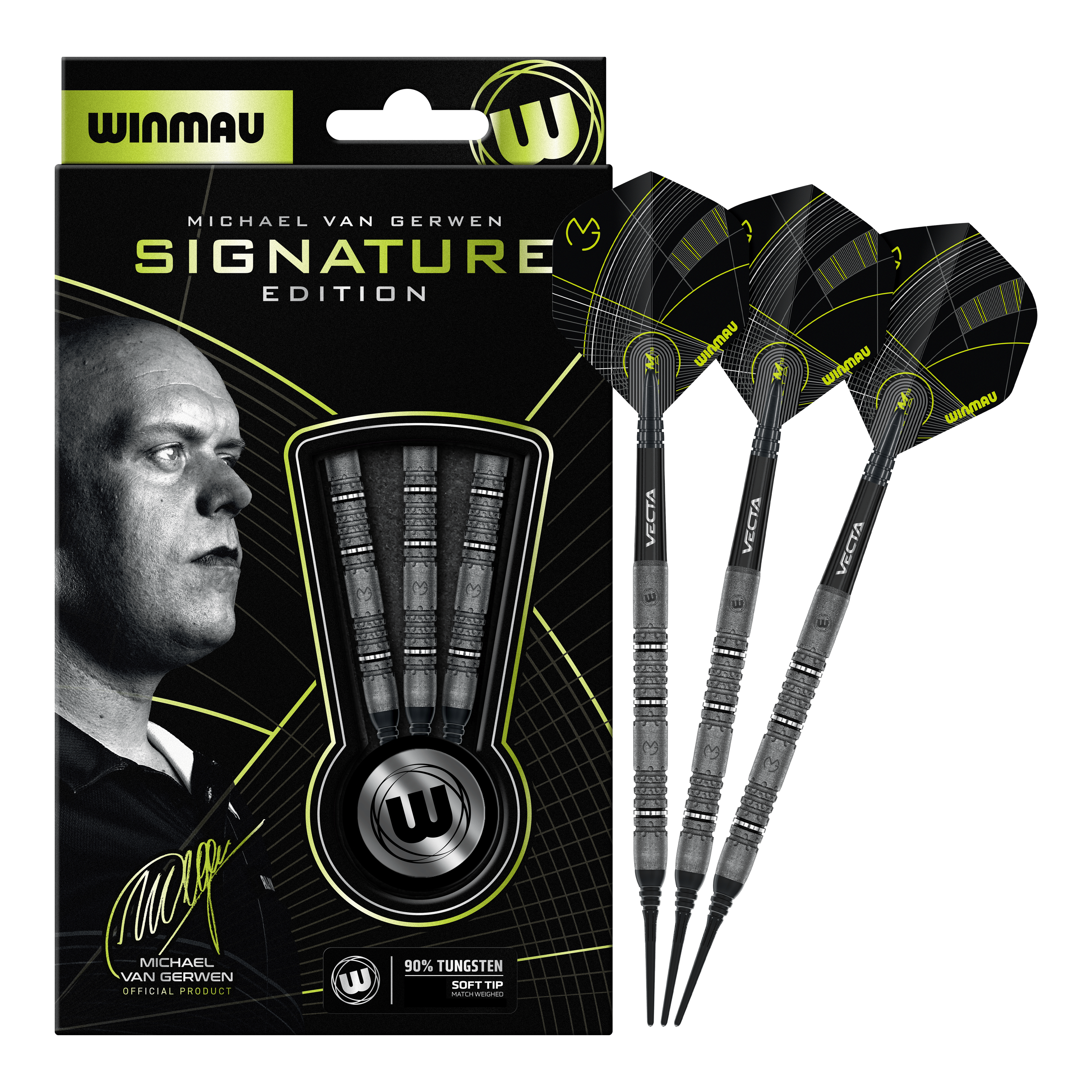 Hier sieht man die Winmau Michael Van Gerwen Signature Edition Softdarts mit 20g. Die vollständige Ansicht der Darts ist dargestellt.