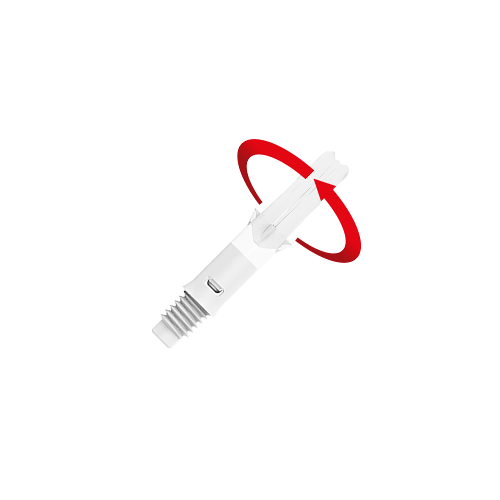 L-L-Style-Shafts Silent Straight - White Auf dem Bild ist ein transparenter Dart-Shaft zu sehen. Ein roter Pfeil um das obere Ende zeigt an, dass sich dieses Teil drehen kann.