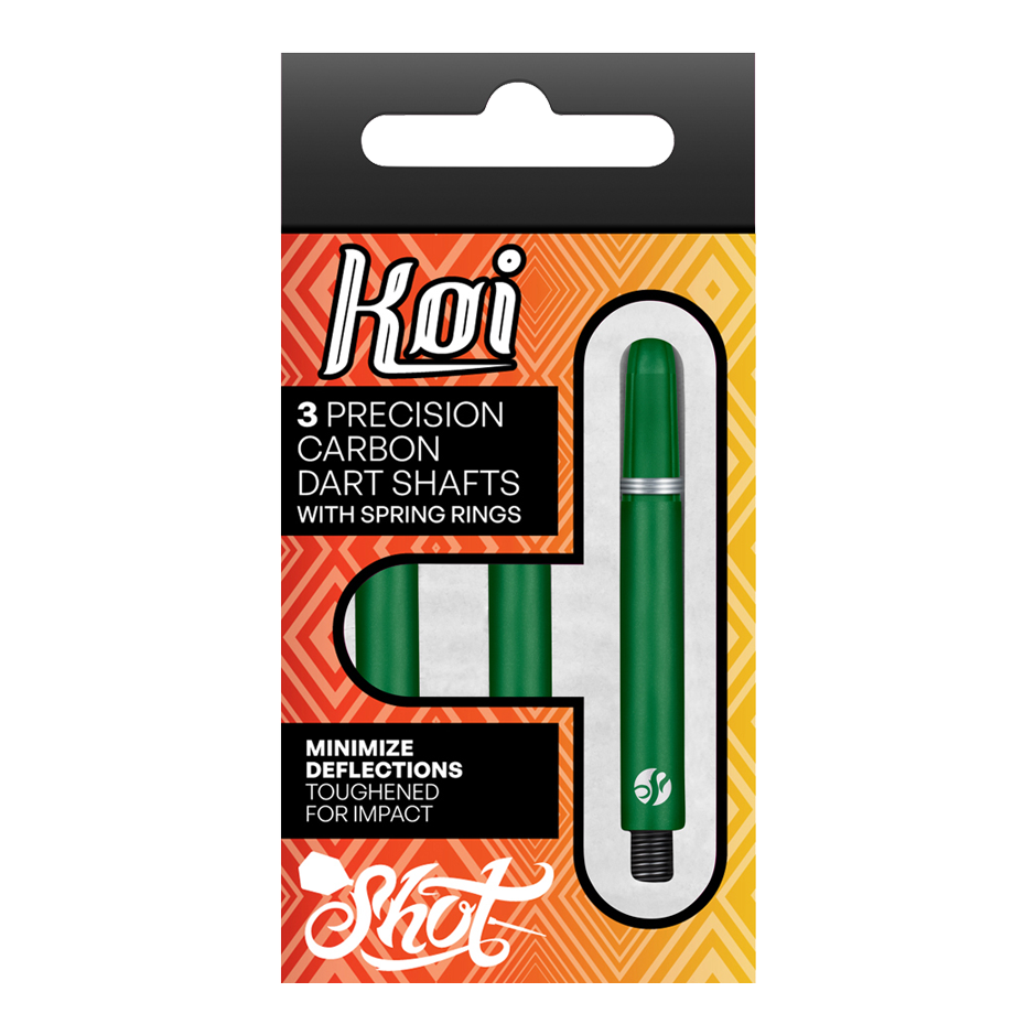 Auf dem Bild ist eine Verpackung mit drei grünen Präzisions-Carbon-Dartshafts von Koi zu sehen. Die Verpackung betont, dass die Shafts mit Federringen ausgestattet sind und speziell gehärtet wurden, um Abpraller zu minimieren.