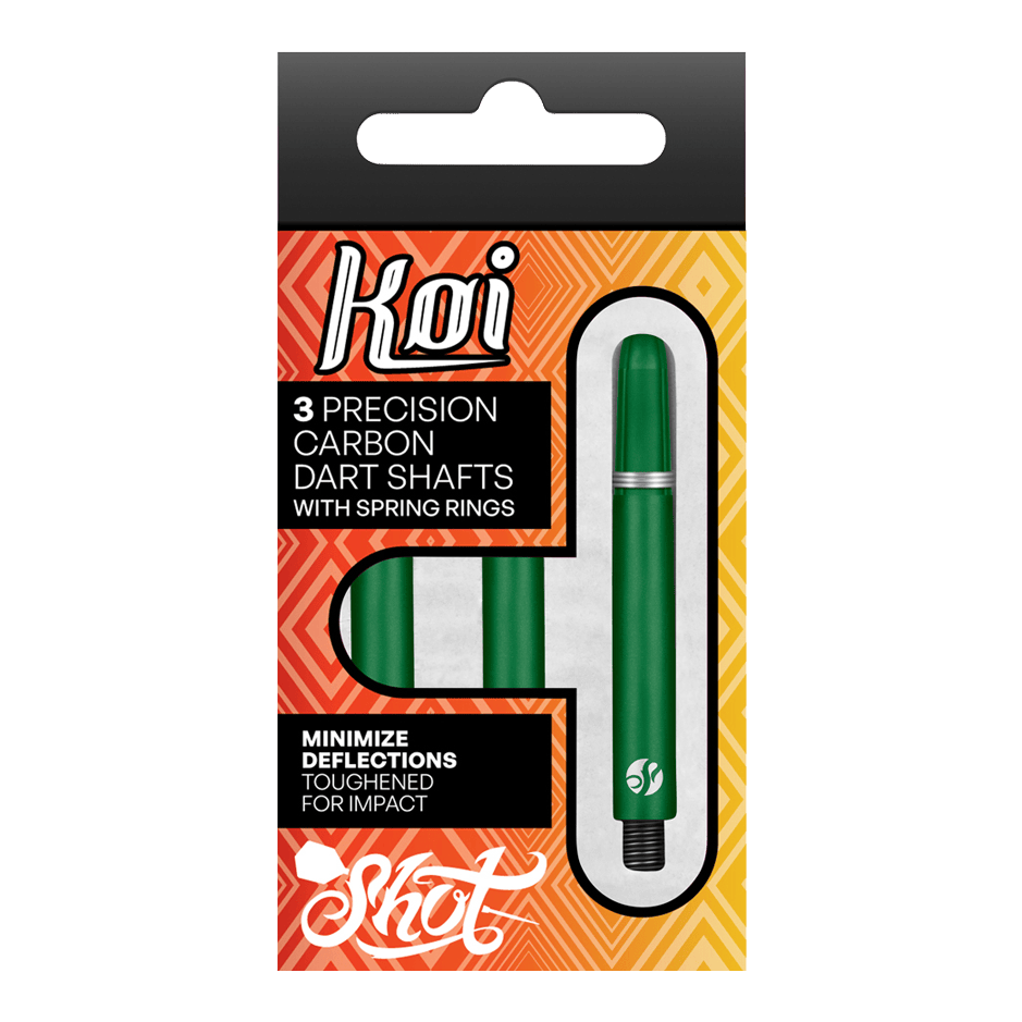 Shot Koi Carbon Shafts - Green Auf dem Bild ist eine Verpackung mit drei grünen Präzisions-Carbon-Dartshafts von Koi zu sehen. Die Verpackung betont, dass die Shafts mit Federringen ausgestattet sind und speziell gehärtet wurden, um Abpraller zu minimieren.