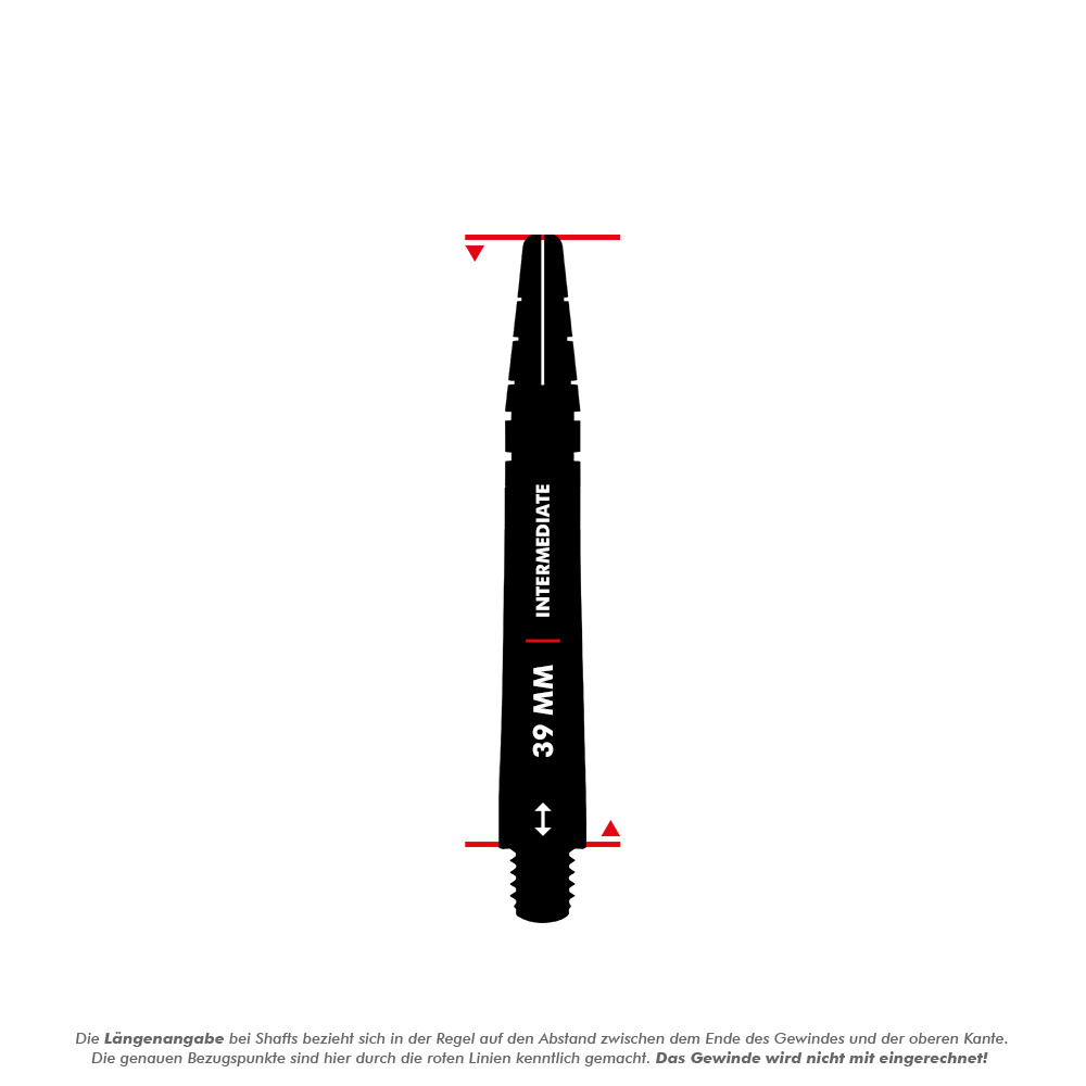 Das Bild zeigt einen Dart-Schaft mit der Aufschrift "39 MM INTERMEDIATE". Die roten Linien markieren die gemessene Länge von 39 mm ohne das Gewinde.