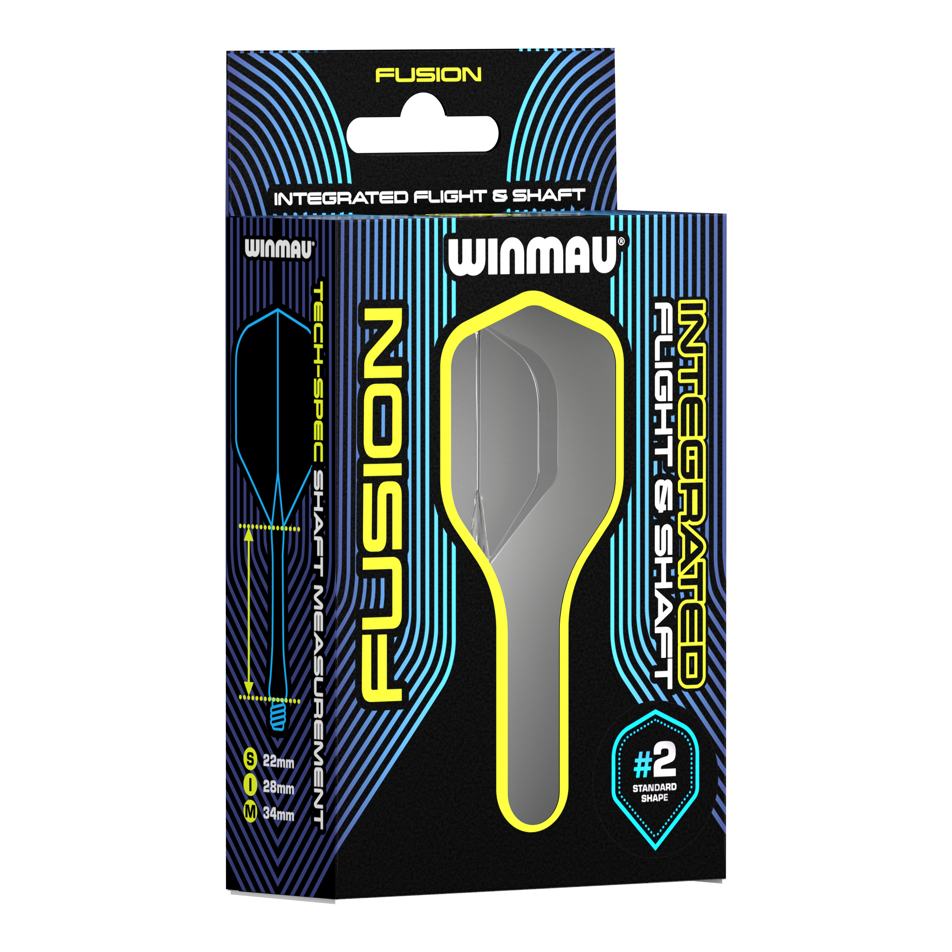 Winmau Fusion Flight Shaft System Standard Smokey Auf dem Bild ist eine Verpackung des Winmau Fusion Integrated Flight & Shaft Systems zu sehen. Das Produkt hat die Größe 22 mm und ist in der Farbe "Smokey" erhältlich.