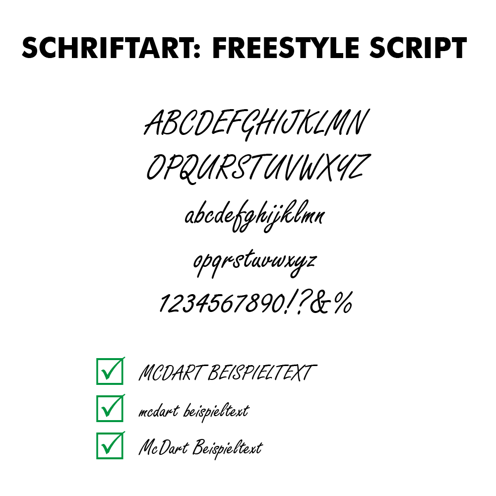 Flightdruck-Schriftart-Freestyle-Scriptjs85TAI9E00rd 10 Satz Bedruckte Flights 2-Seitig - Wunschtext - MDX Standard. Die Flights liegen sortiert aufeinander.