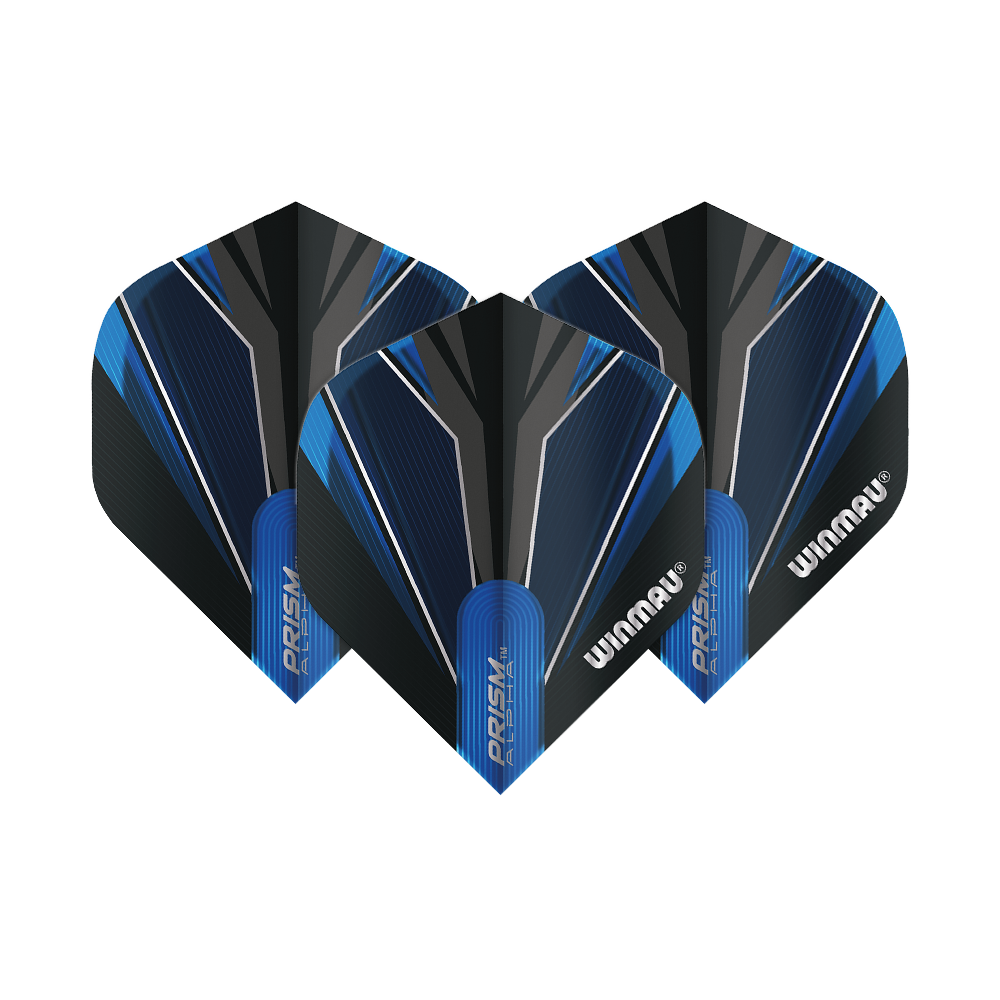 6915-153_Winmau_Prism_Alpha_Blue_Standard_Flights_1t8JGRceeogJn1 Das Bild zeigt drei Winmau Prism Alpha Blue Standard 2 Flights für Dartpfeile. Sie sind in Schwarz und Blau mit markanten Linien und dem Winmau-Logo gestaltet.