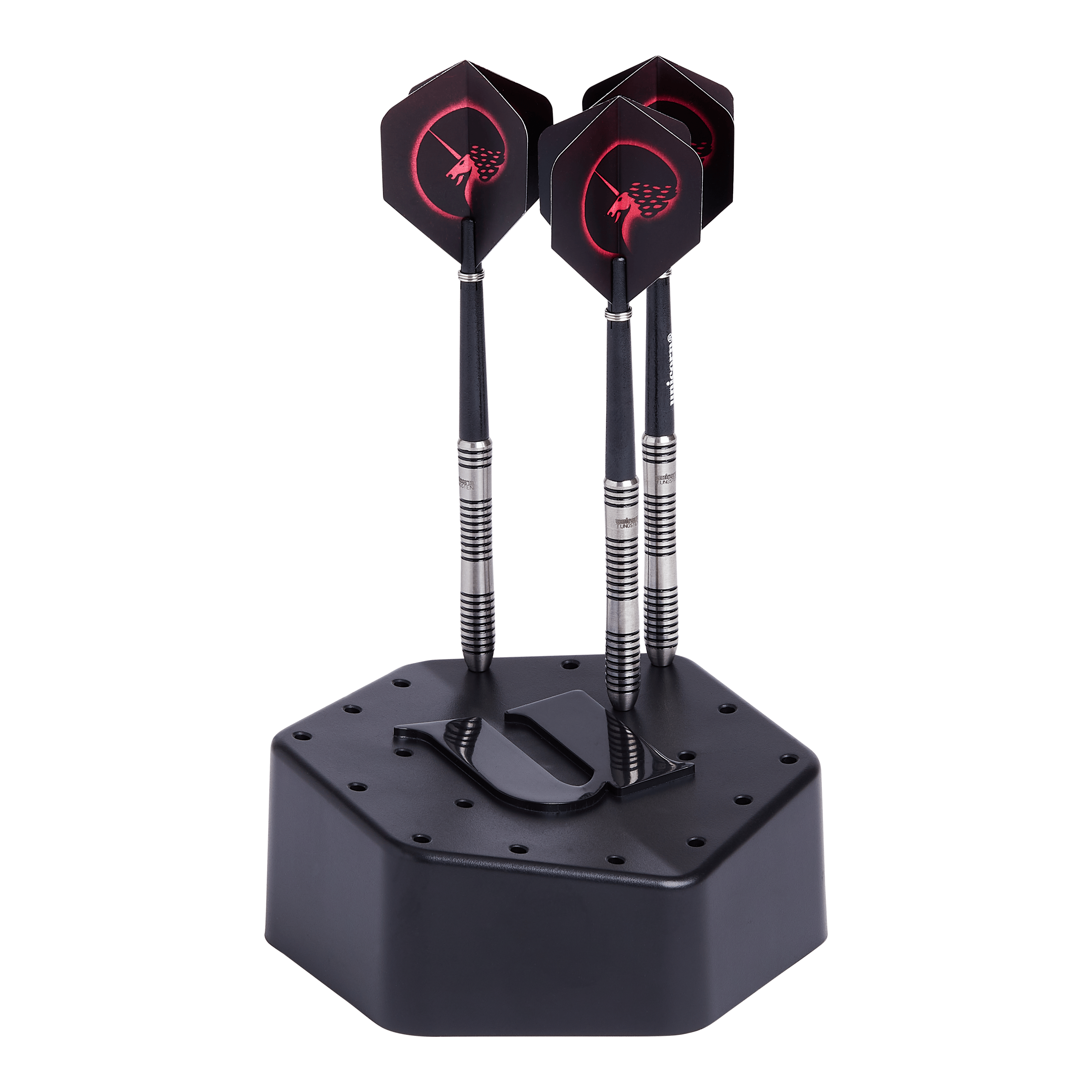 Unicorn dart stand Auf dem Bild ist ein schwarzer Dartständer mit drei Darts zu sehen. Der Ständer hat eine sechseckige Form und ein "U"-Logo auf der Oberseite.