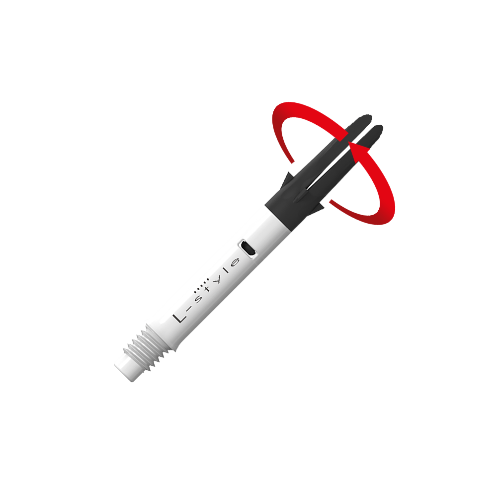 Das Bild zeigt einen weißen und schwarzen Dartshaft mit der Aufschrift "L-style". Ein roter Pfeil deutet auf eine Drehbewegung an der oberen schwarzen Spitze des Schafts hin.