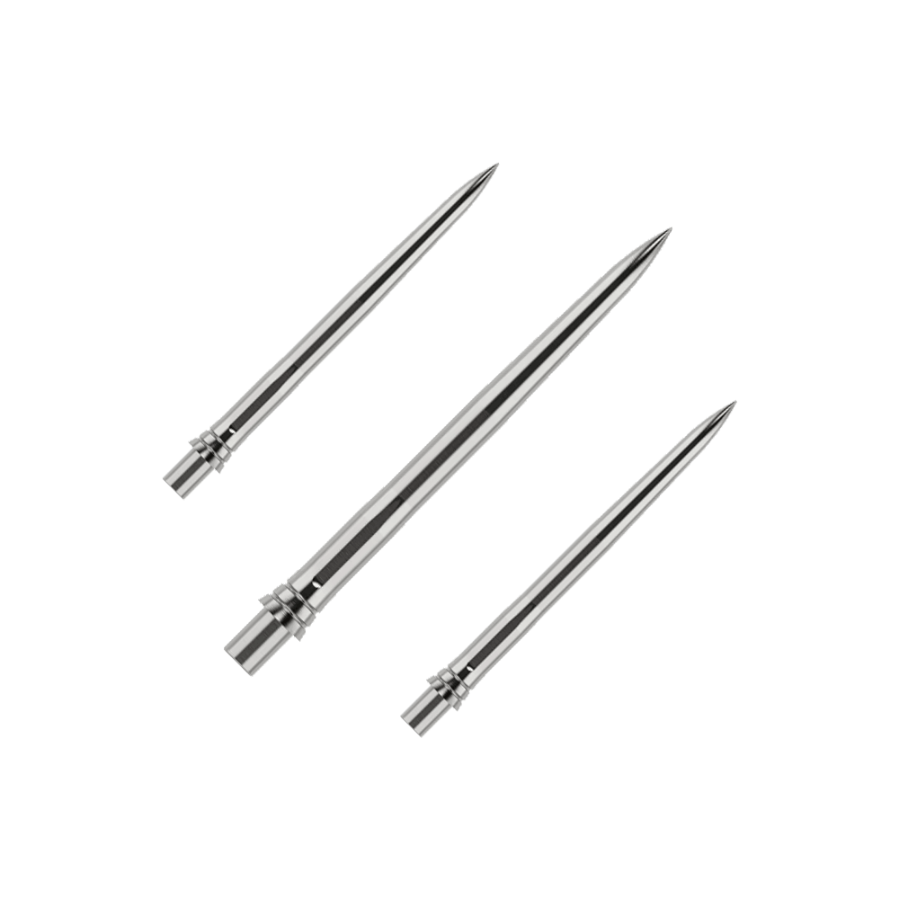 Caliburn EVO dart tips - Smooth - Silver Das Bild zeigt silberne Dartspitzen mit einer glatten Oberfläche, wahrscheinlich aus Metall. Die Dartspitzen sind 28mm lang und werden als Set präsentiert.