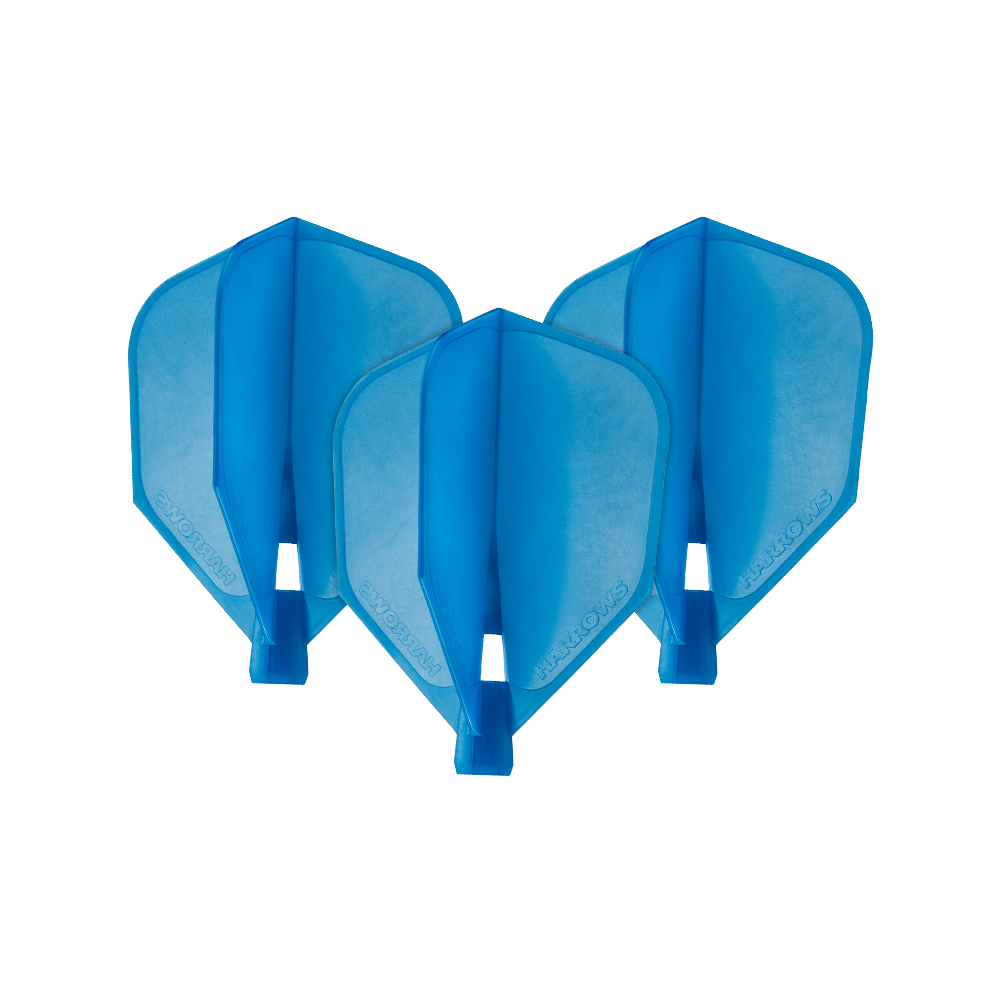 HRC-160_Harrows_Clic_Standard_Flight_Aqua_1TjITq3sE6TMKP Das Bild zeigt drei blaue Dartflights des Modells "Harrows Clic Standard Flights - Aqua". Sie haben eine klassische Standardform und bestehen aus Kunststoff.