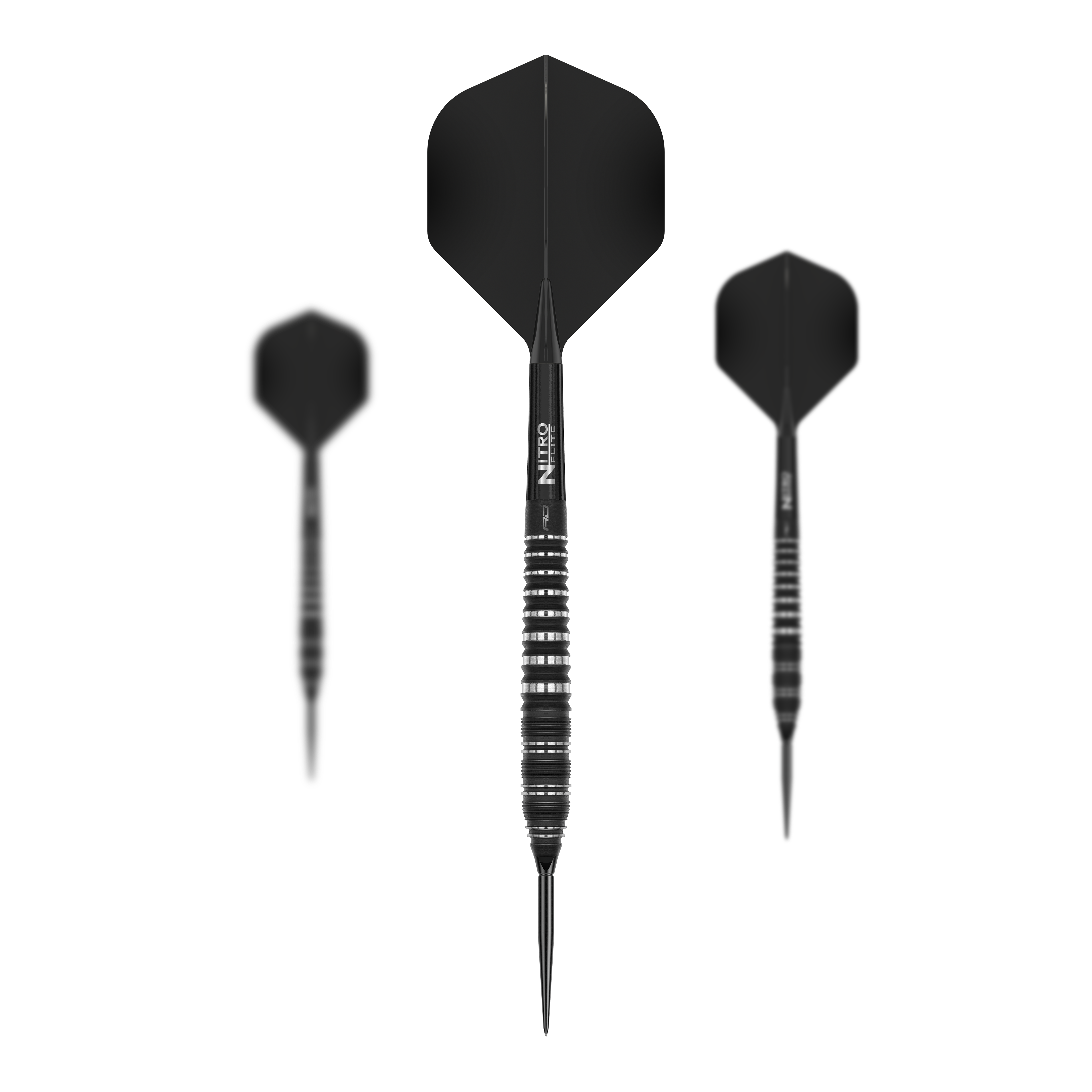 Dieses Bild zeigt die Red Dragon Sable Torpedo Switch Point Steeldarts. Drei Darts sind nebeneinander angeordnet und deutlich sichtbar.