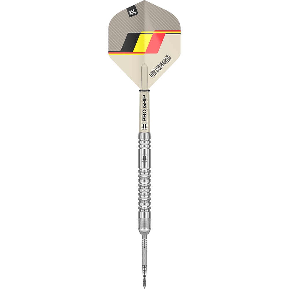 190224-_Target_Dimitri_Van_Den_Bergh_GEN2_Swiss_Point_Steeldarts_1kvG6i94v5KXSF Das Bild zeigt einen silbernen Steeldartpfeil mit einem strukturierten Griff. Das Dartflight ist mit den Farben Schwarz, Gelb und Rot gestaltet und trägt die Aufschrift "DREAMMAKER".