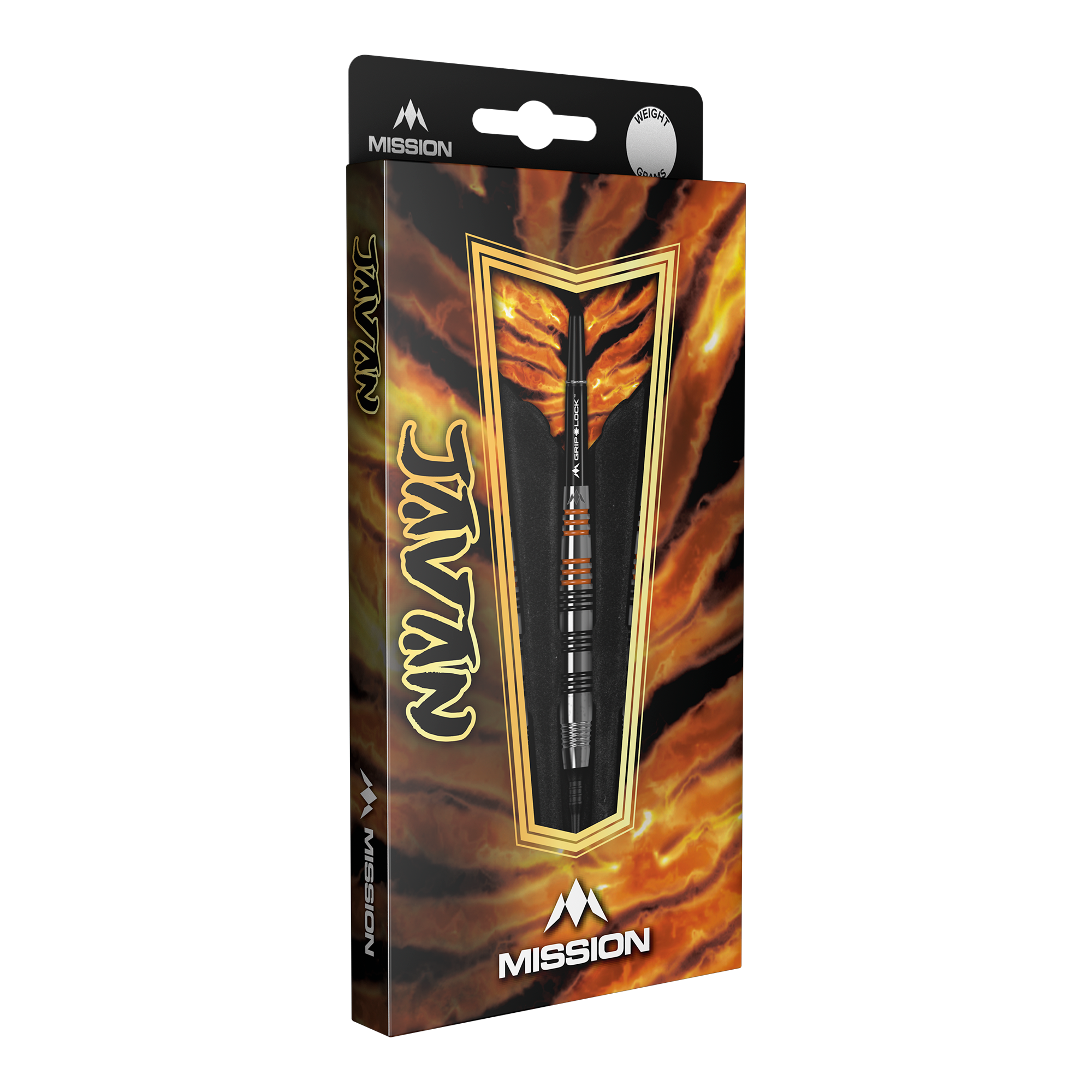 Mission Javan Brass Soft Darts - 18g Die Abbildung zeigt die Verpackung der "Mission Javan Brass Softdarts - 18g". Die Verpackung ist auffällig gestaltet und zeigt einen einzelnen Dartpfeil durch ein Sichtfenster.