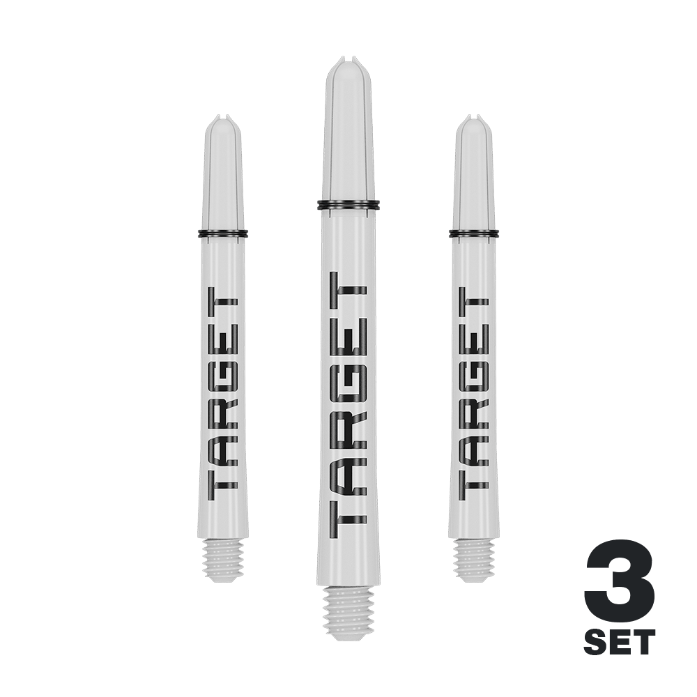 Target Pro Grip TAG Shafts - 3 Sets - White Das Bild zeigt drei weiße Dartschäfte mit der Aufschrift "TARGET". In der rechten unteren Ecke steht "3 SET".