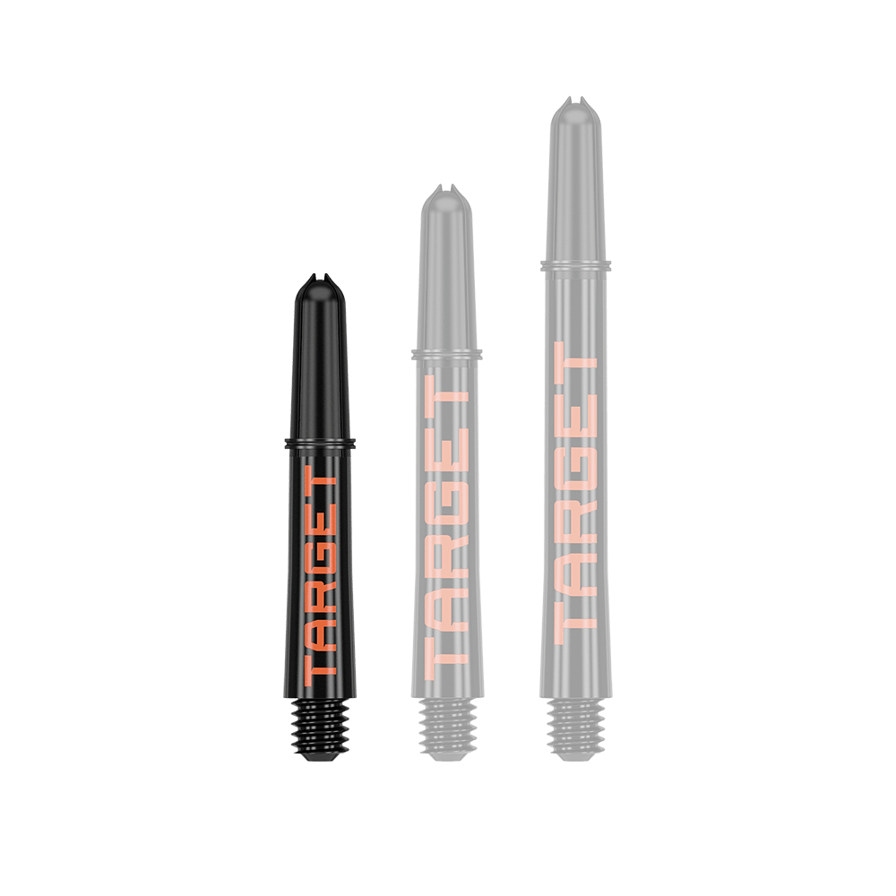 Target Pro Grip TAG Shafts - 3 Sets - Black Orange Auf dem Bild sind drei schwarze Dartschäfte in unterschiedlichen Längen zu sehen. Auf jedem Schaft steht in orangefarbener Schrift das Wort "TARGET".