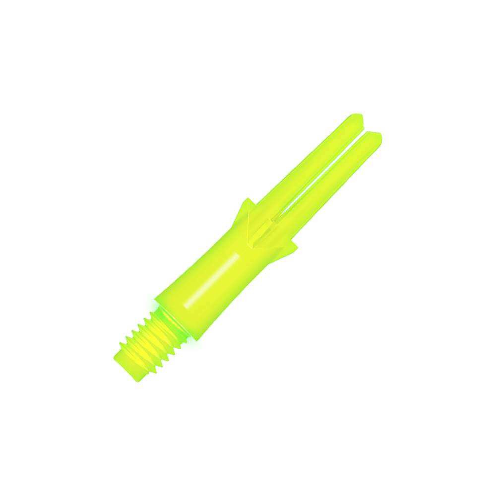 Das Bild zeigt einen neongelben geraden Flightschaft für Dartpfeile. Der Schaft hat ein Schraubgewinde an einem Ende und eine offene Gabel am anderen Ende.