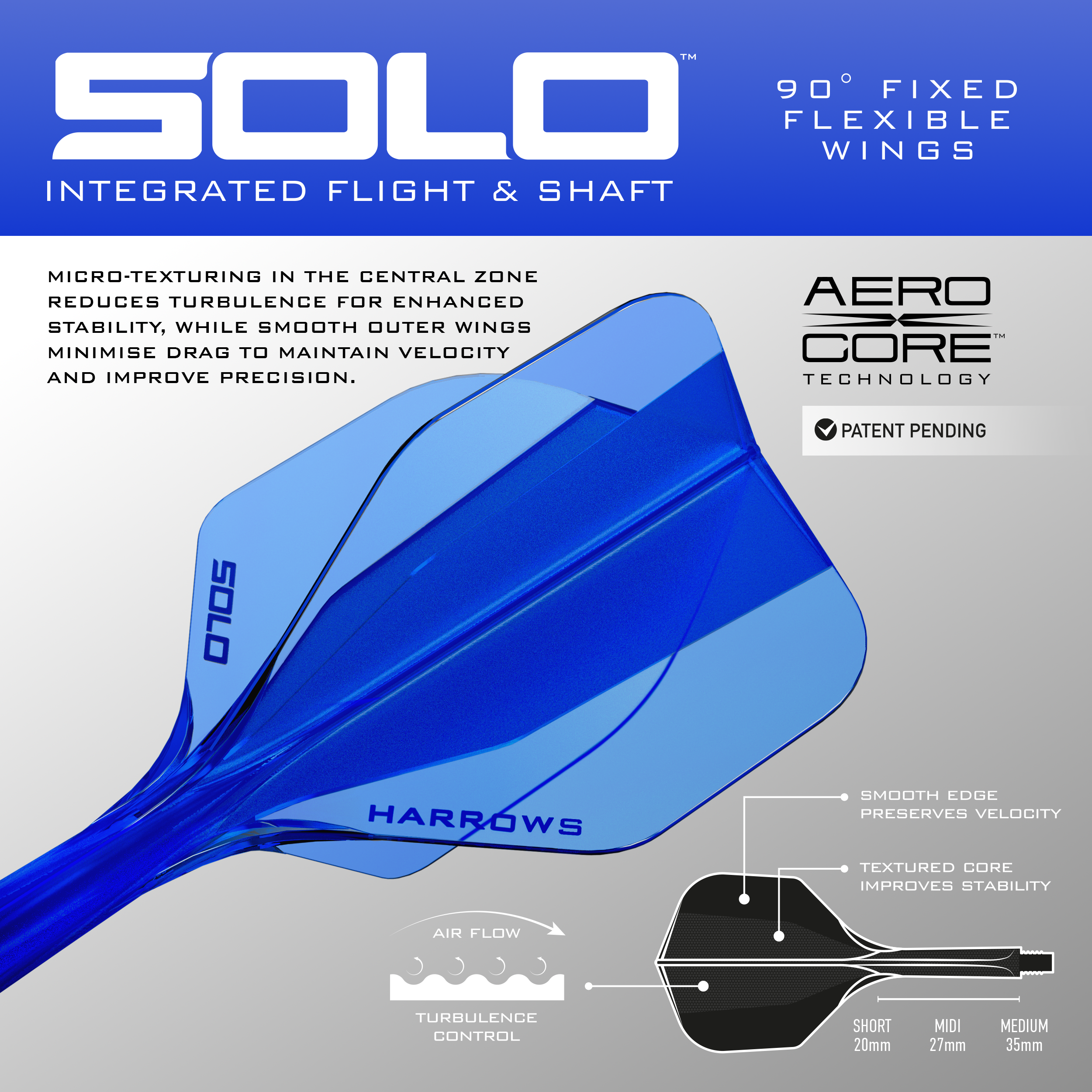 Zu sehen ist das blaue Harrows Solo No6 Flight-Shaft-System. Dieses Produkt wird für Dartpfeile verwendet.