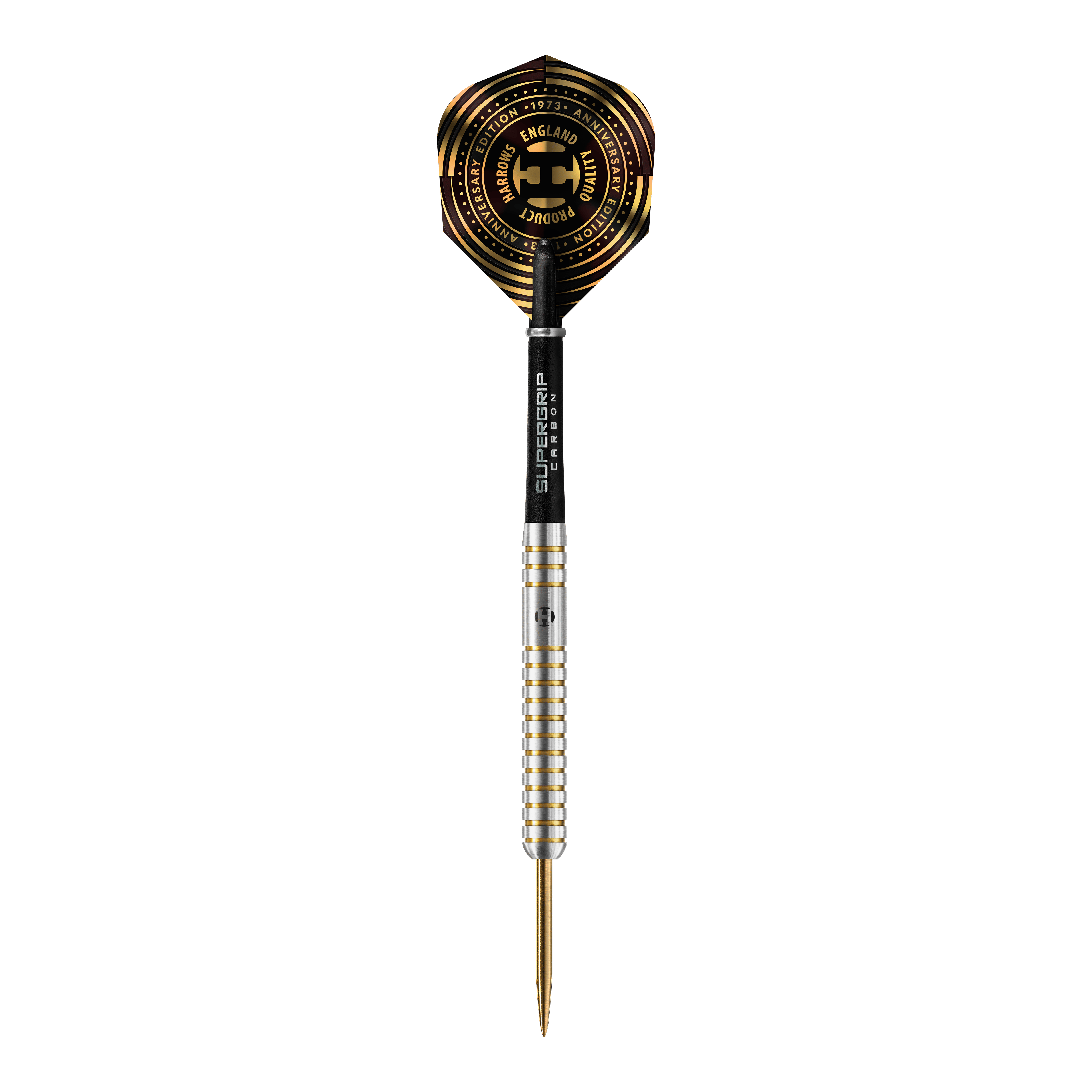Harrows Anniversary Edition The Original Steeldarts Das Bild zeigt einen Harrows Anniversary Edition The Original Steeldart mit silbernem Schaft und goldenen Akzenten. Das Dartflight ist schwarz-gold gestaltet und trägt einen Jubiläumsaufdruck.