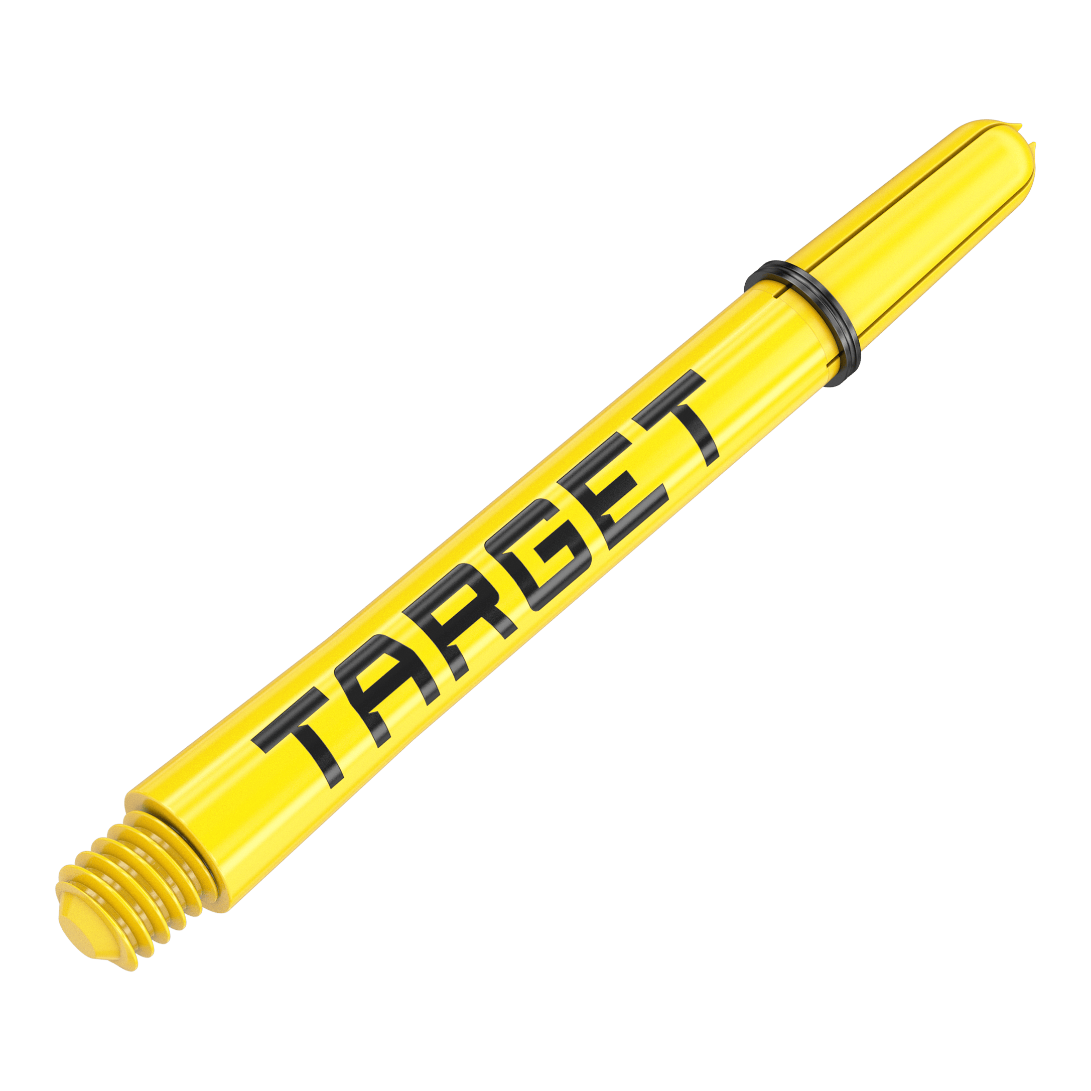 Target Pro Grip TAG Shafts - 3 Sets - Yellow Das Bild zeigt einen gelben Dart-Schaft mit der Aufschrift "TARGET". Er hat ein Gewinde an einem Ende und einen schwarzen Ring in der Mitte.