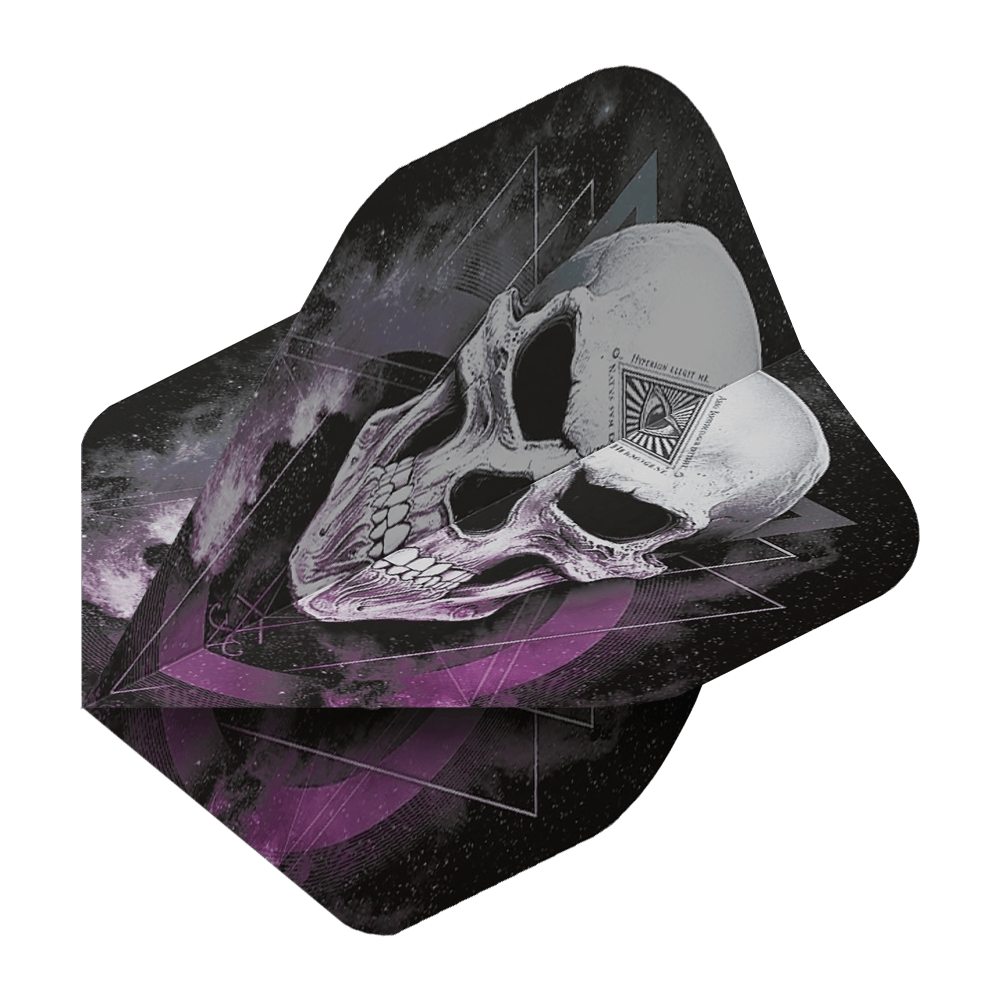 ALC22_Alchemy_The_Void_Standard_Flights_2 Das Bild zeigt das Produkt „Alchemy The Void No2 Standard Flights“. Auf den Flights ist ein detailliert gezeichneter Totenschädel vor einem dunklen, mystischen Hintergrund mit geometrischen Mustern zu sehen.